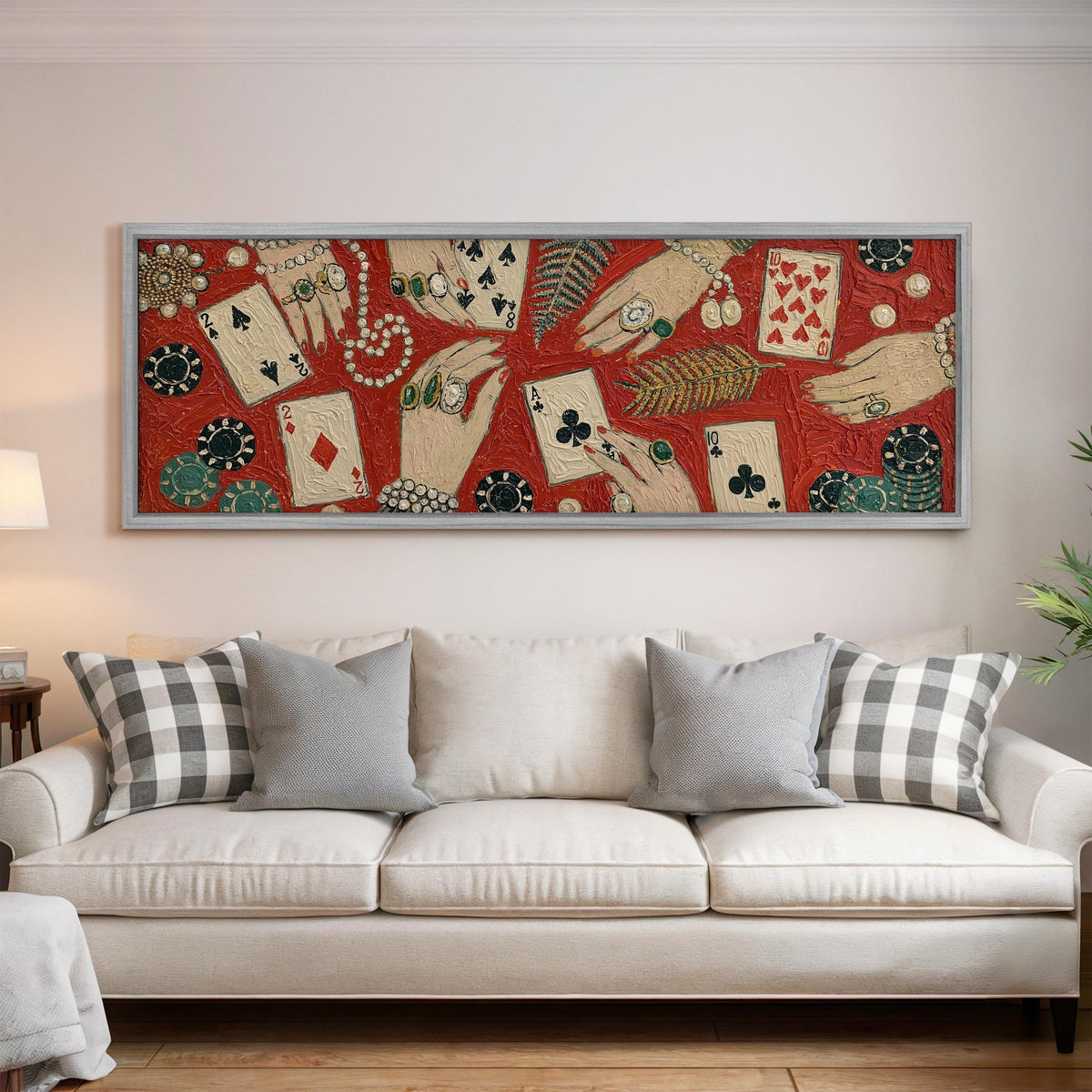 Playing cards, chips and jeweled hands wide panoramic canvas print above a bed in a bedroom