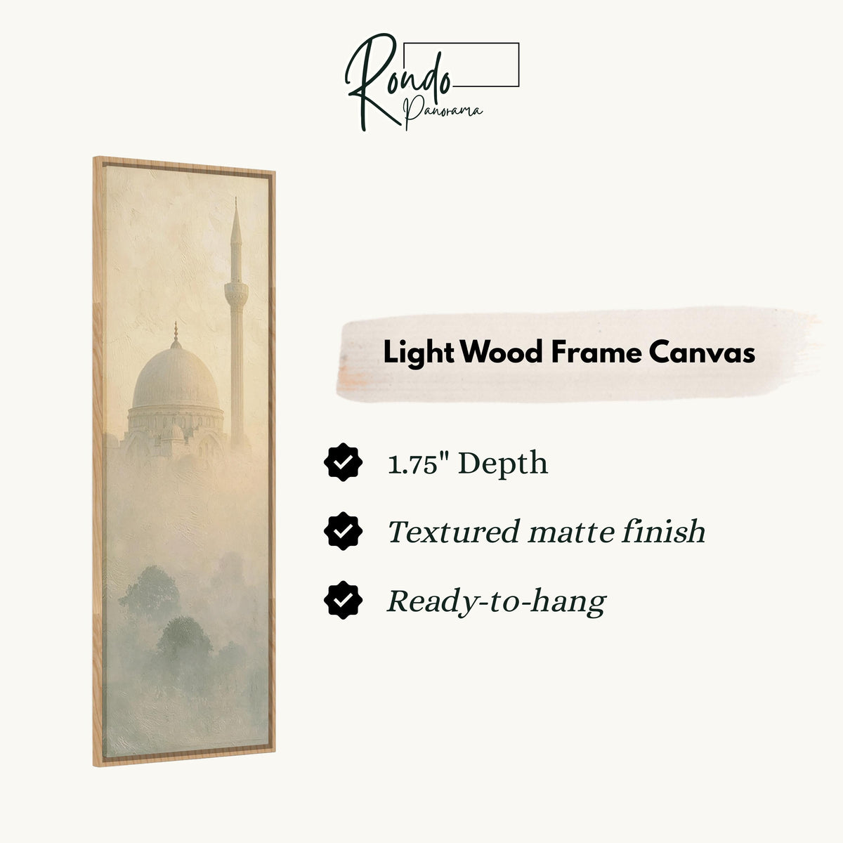 Mosque dome and minaret in the mist canvas print in a light wood floating frame