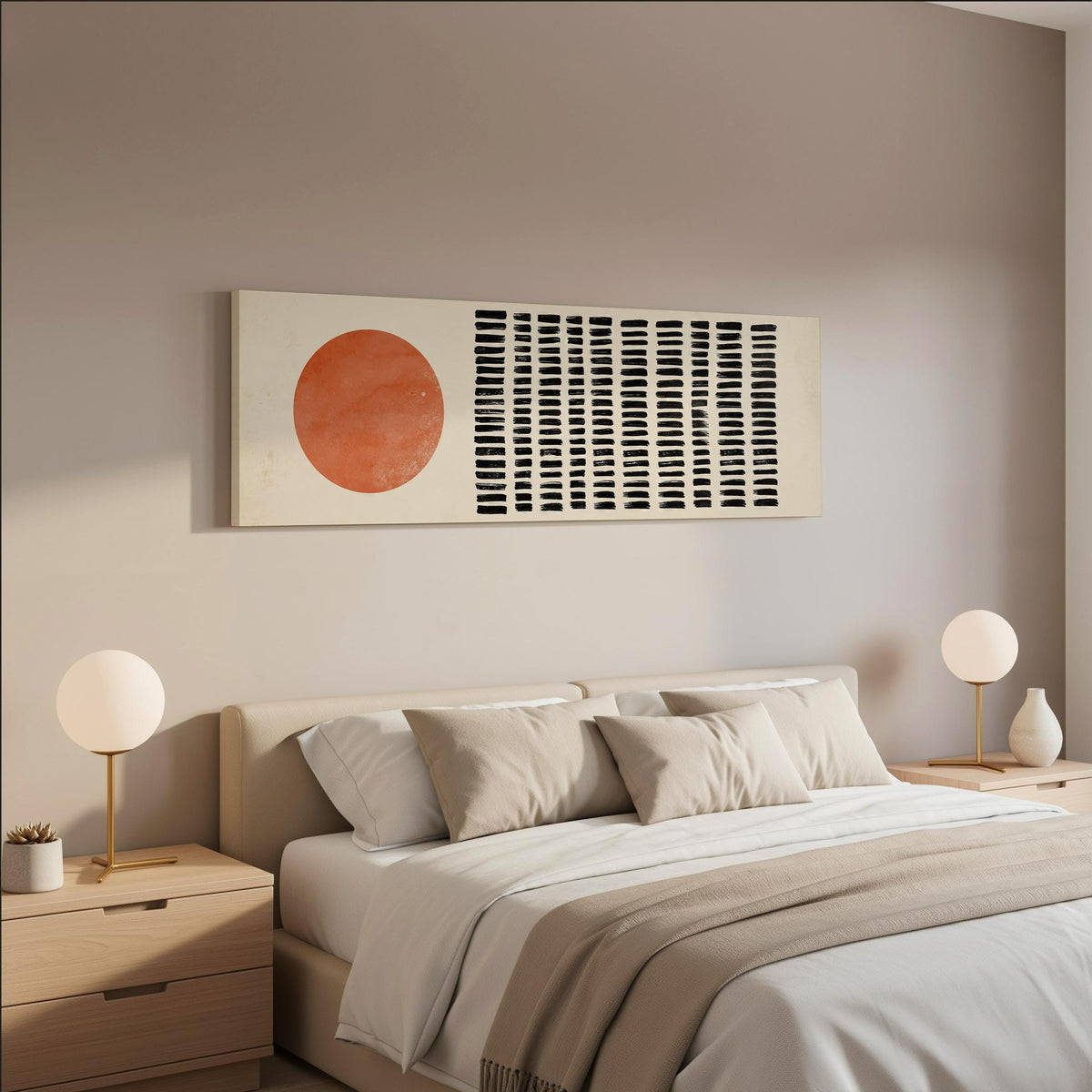 Orange sun beside rows of black dashes wide panoramic canvas print above a bed in a neutral bedroom