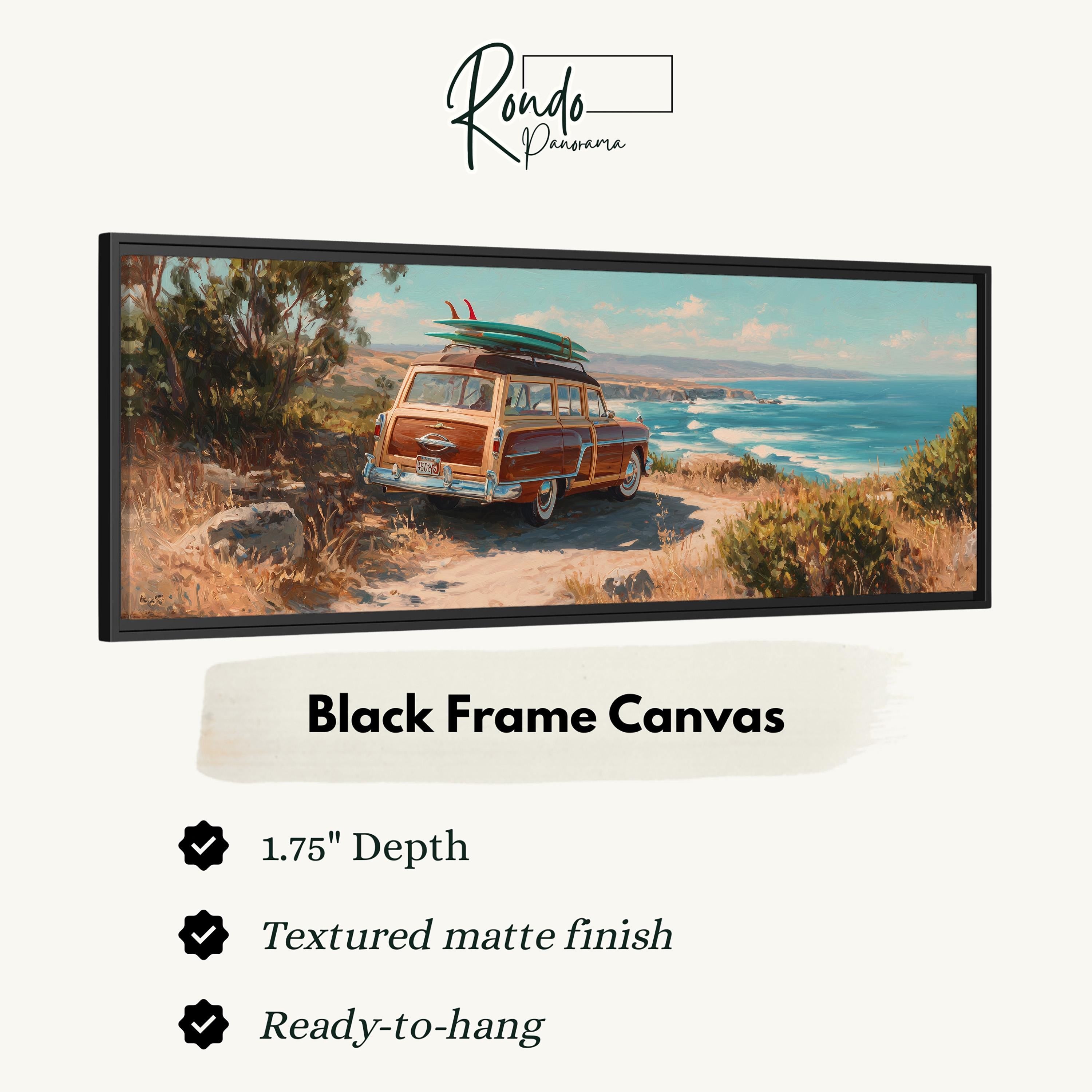 A black frame canvas depicting a vintage orange station wagon with a surfboard on top, set against a scenic coastal landscape with the ocean and sky.
