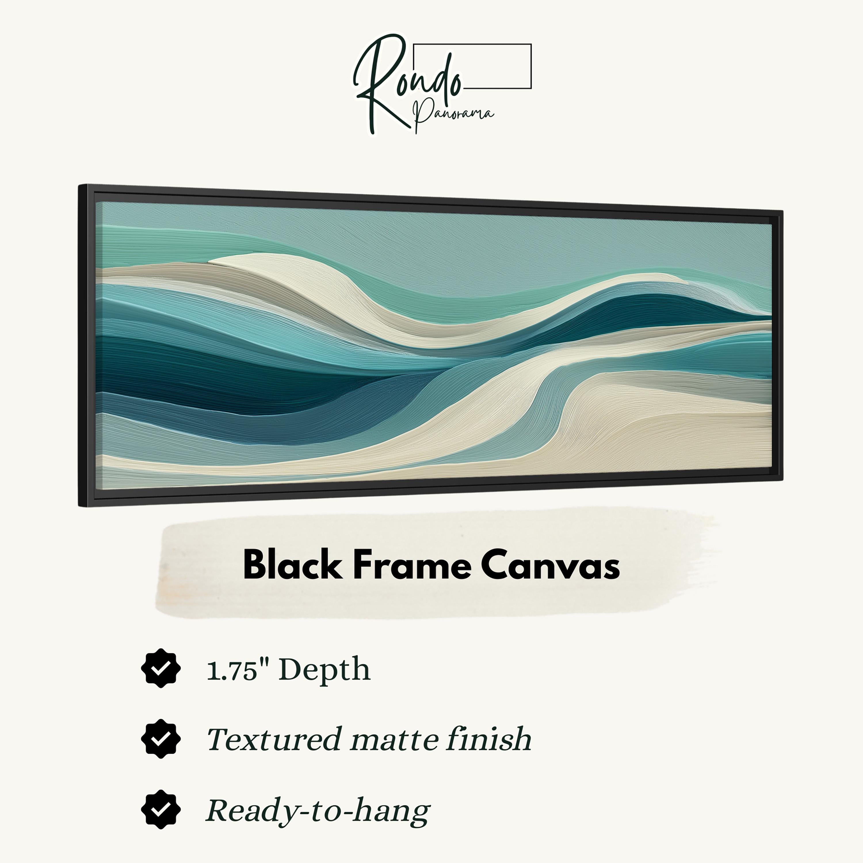 The image is a black frame canvas with a textured matte finish, measuring 1.75" in depth. It is ready to hang and has a textured matte finish.