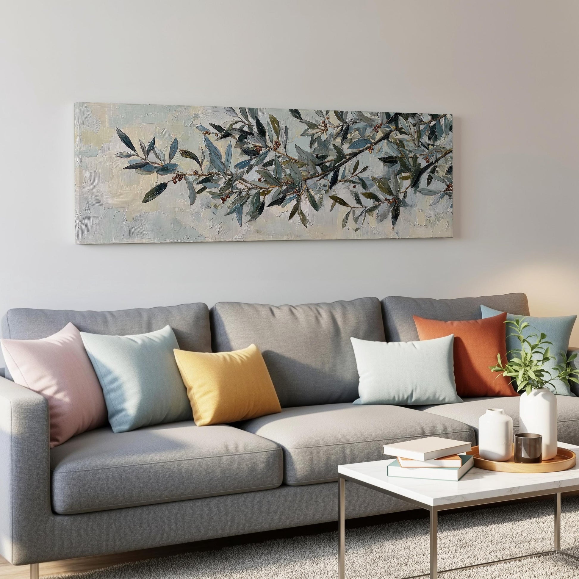a modern living room with a gray sofa adorned with colorful throw pillows. Above the sofa, a large painting of a tree branch with green leaves and brown branches hangs on the wall. In front of the sofa, there is a white coffee table with a stack of books and a small plant.