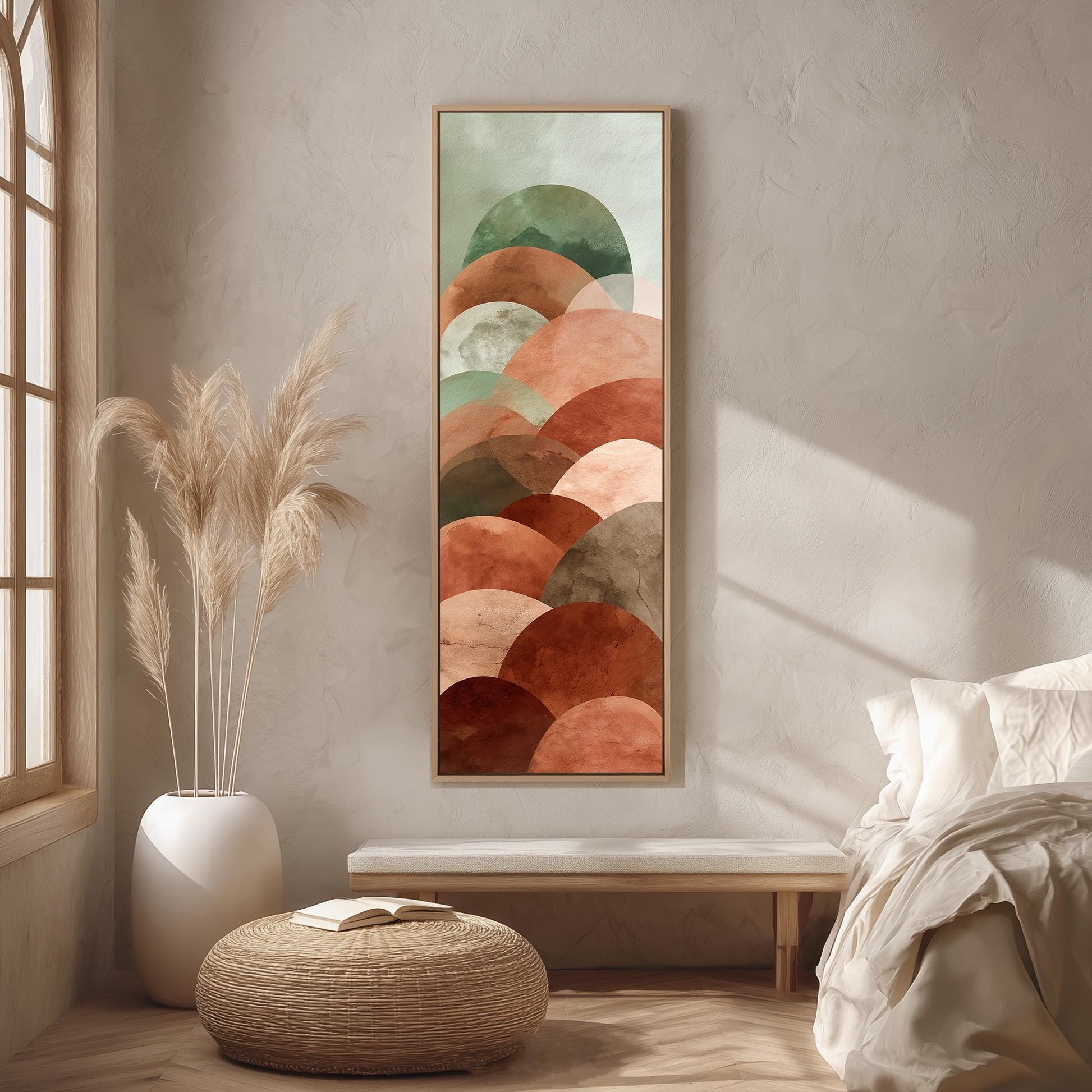 a modern and minimalist bedroom design with a large abstract painting hanging on the wall, a white bed with a white pillow, a white ottoman, and a potted plant.