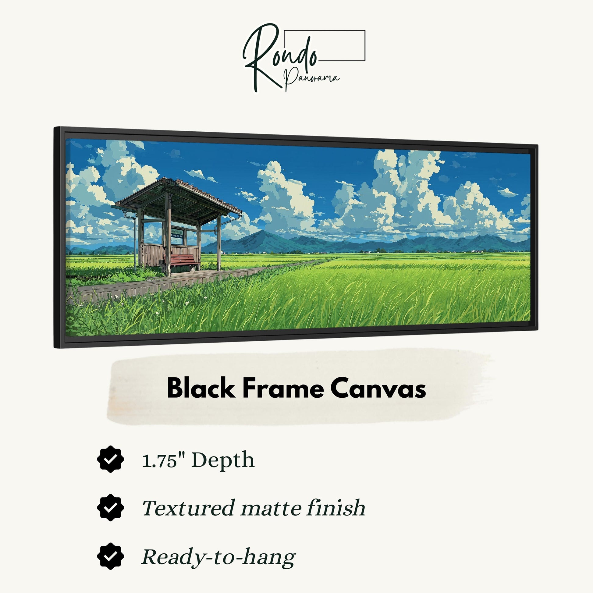 The image is a black frame canvas depicting a rural landscape with a wooden structure, grassy field, and mountains in the background.