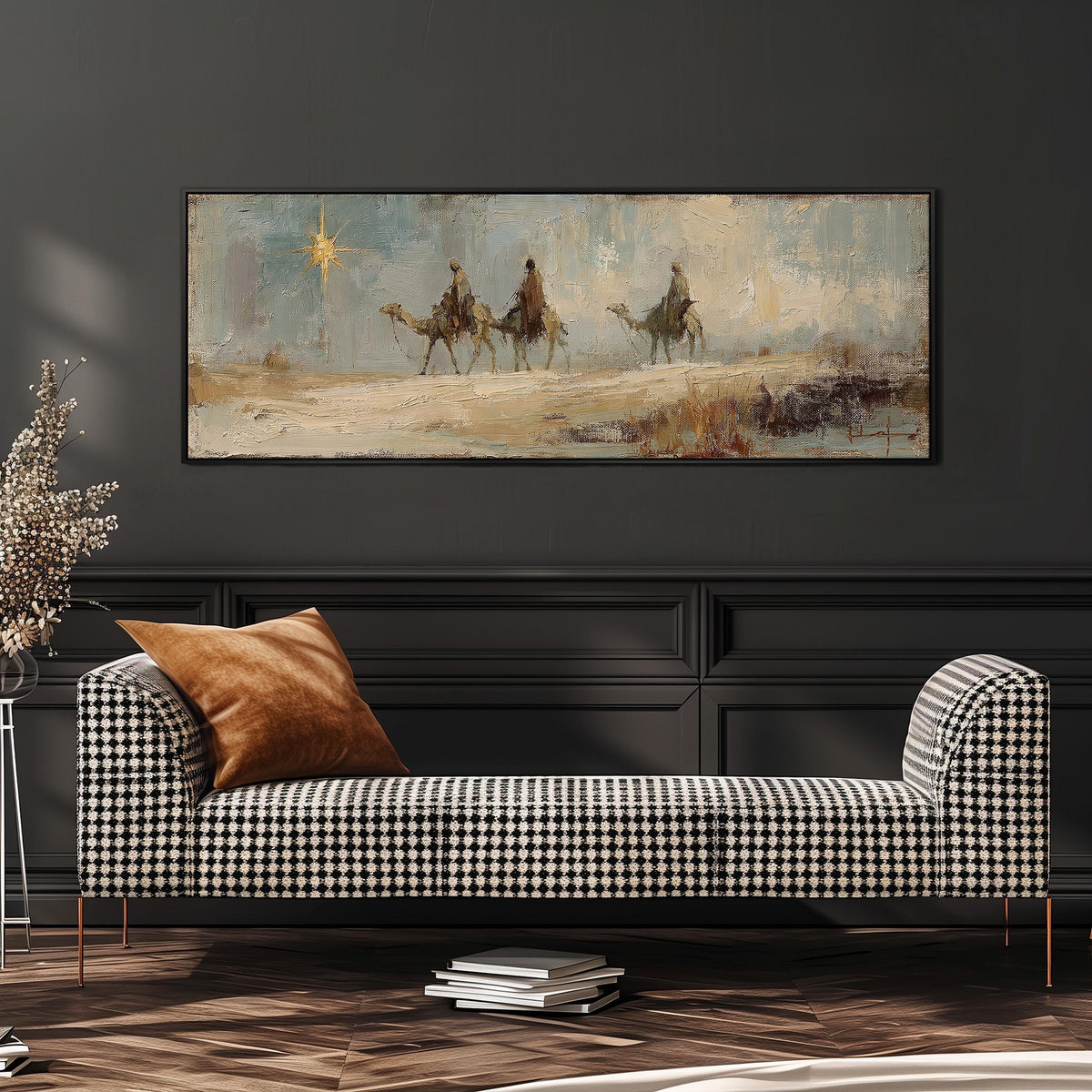 Wise men on camels following the star wide panoramic canvas print above a bench in a dark living room