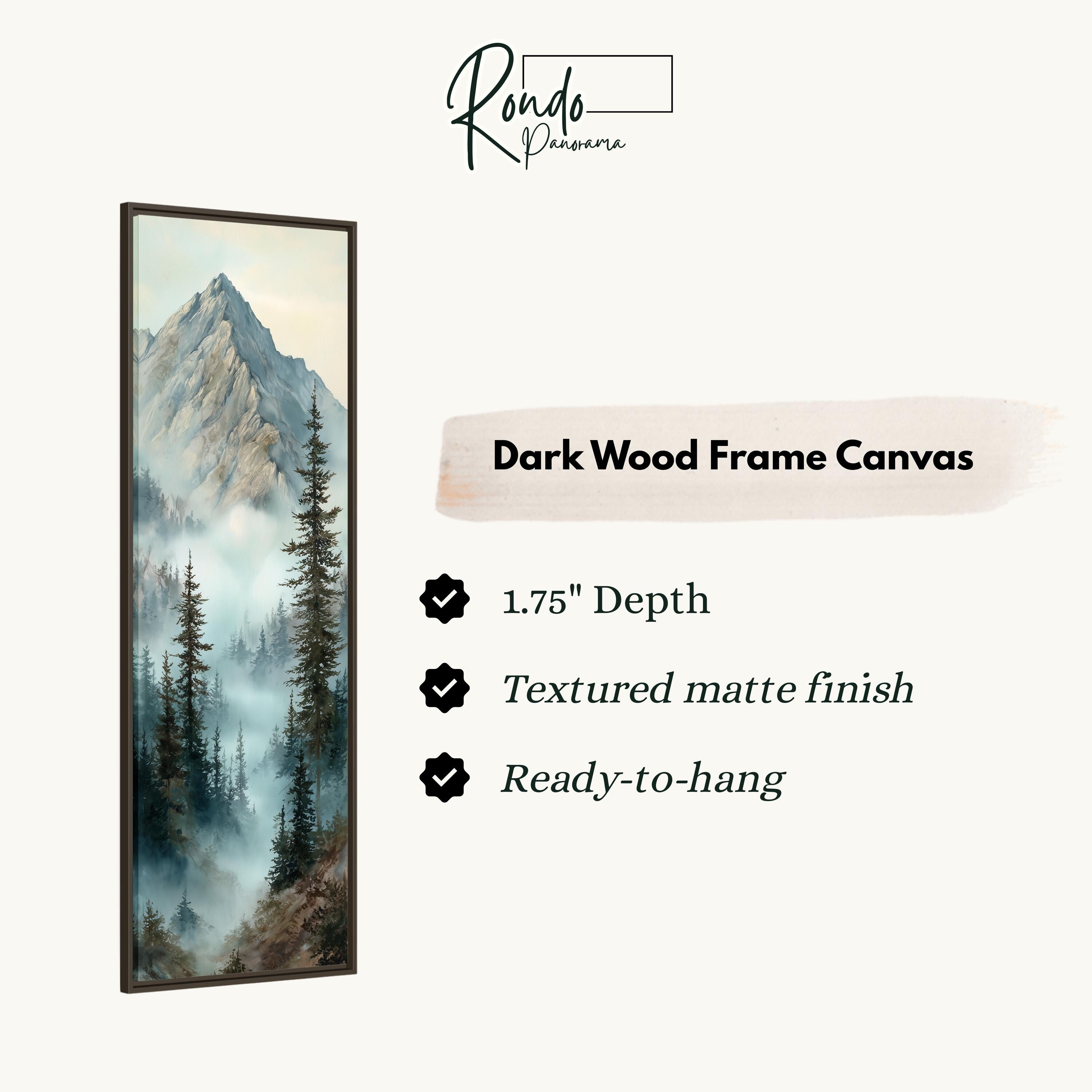 The image is a dark wood frame canvas depicting a mountain landscape with pine trees and misty mountains.