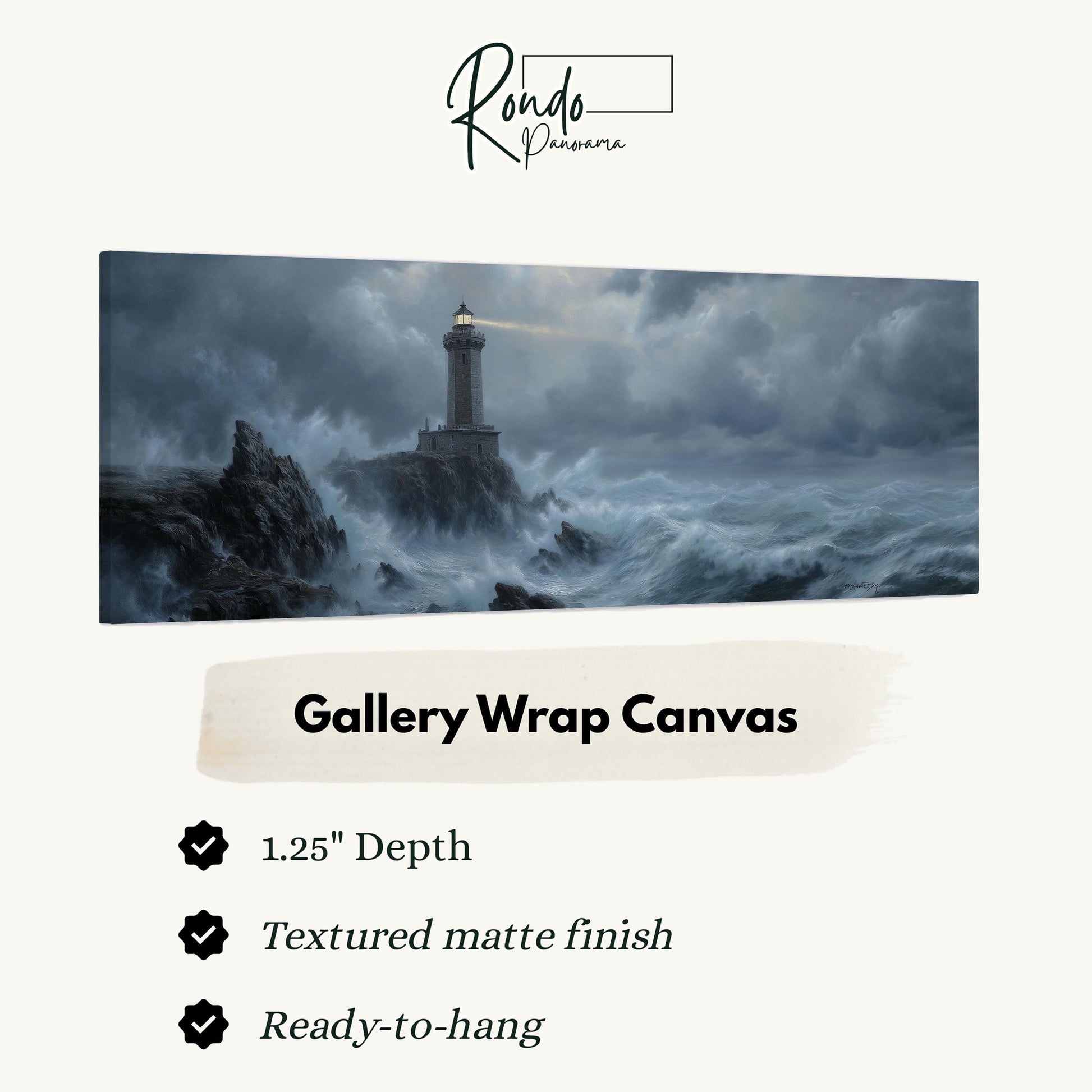 The image is a painting of a lighthouse on a rocky cliff, with rough seas and a stormy sky in the background.