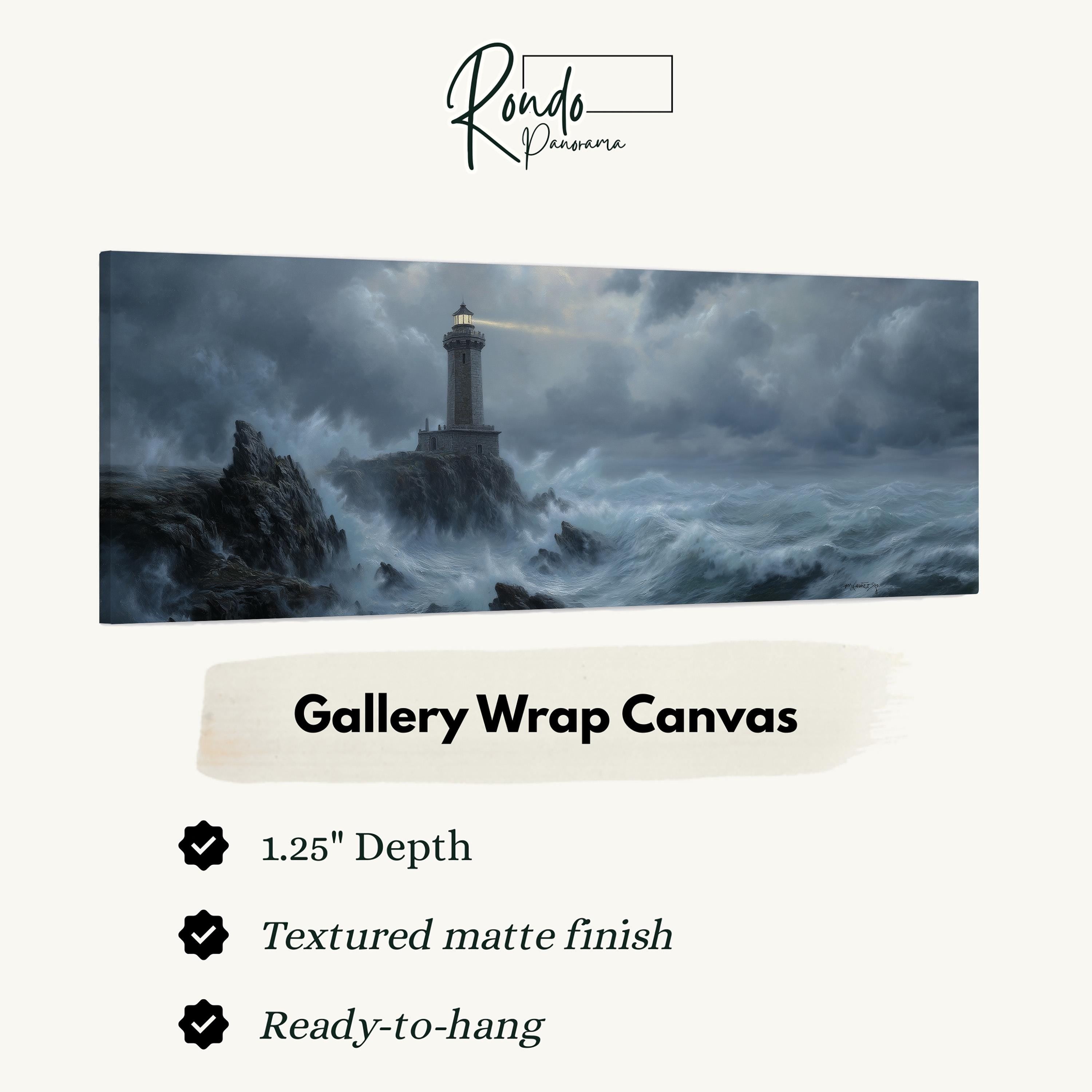 The image is a painting of a lighthouse on a rocky cliff, with rough seas and a stormy sky in the background.