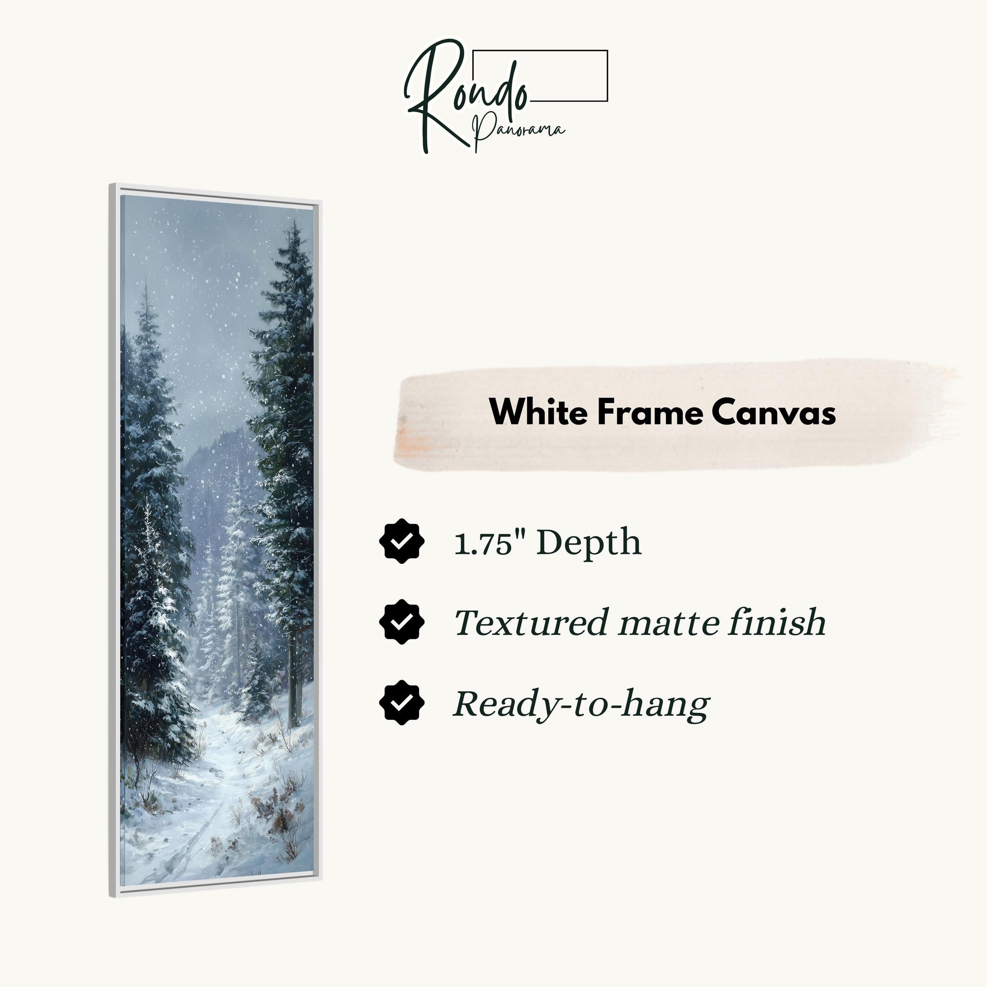 The image is a white frame canvas depicting a snowy forest scene with tall evergreen trees covered in snow.