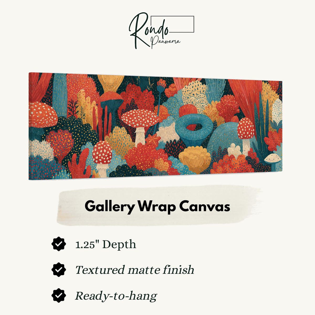 Mushroom and flower garden on teal gallery wrap canvas with the image wrapped around the edges