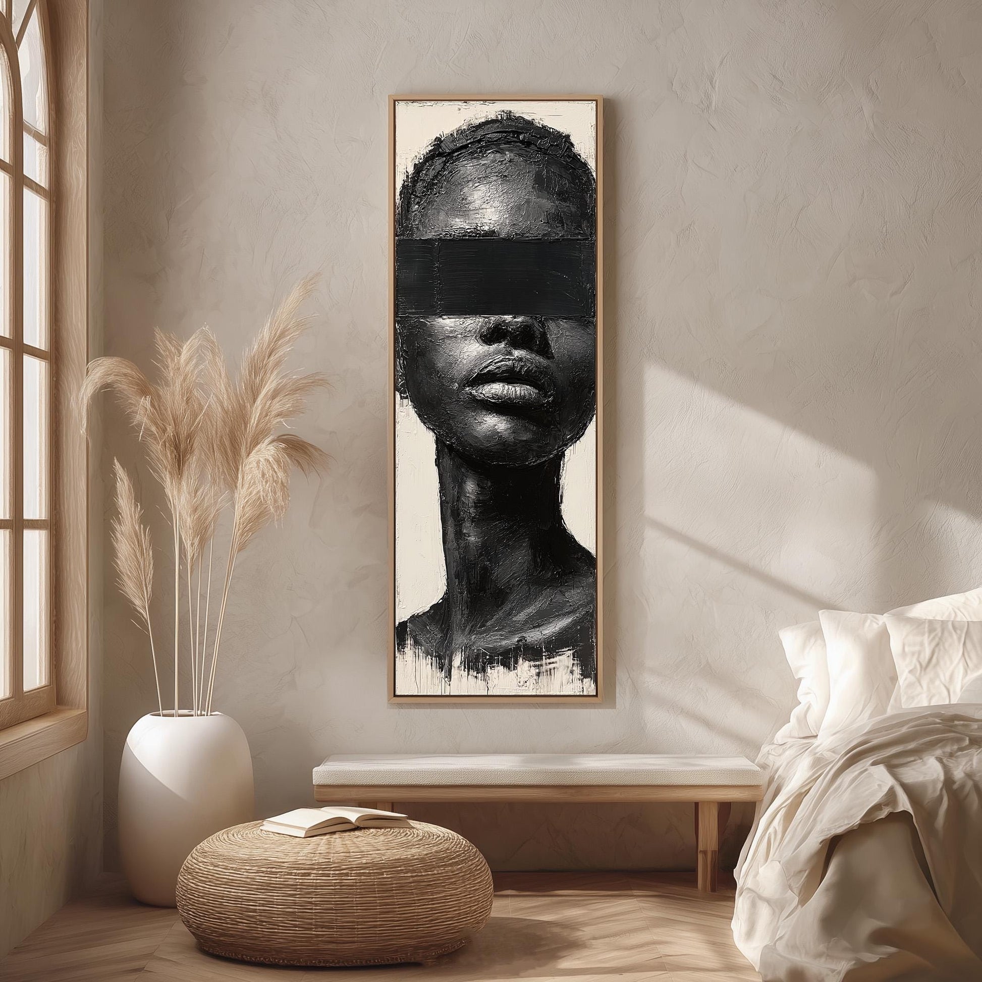a large black and white portrait of a woman's face hanging on a wall, with a window and a white bed in the foreground.