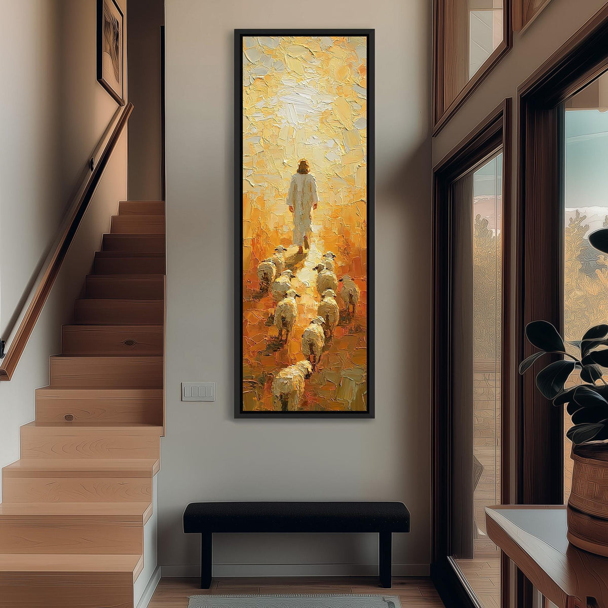 Jesus walking with his flock in golden light tall narrow canvas print beside a staircase in an entryway