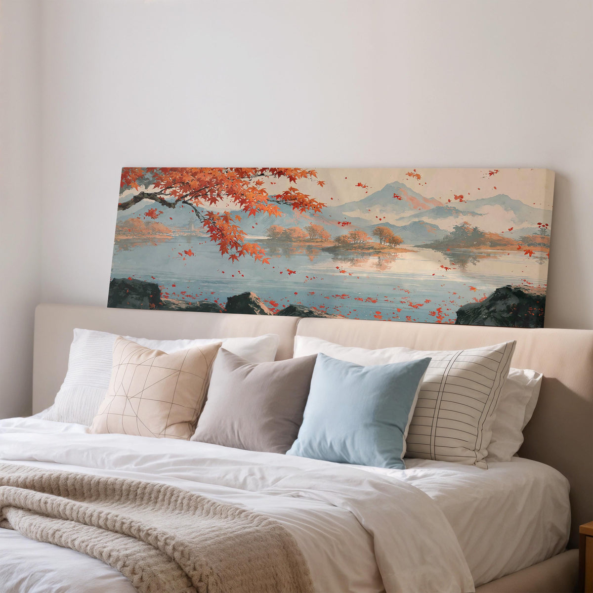 Japanese maple over a misty lake wide panoramic canvas print above a bed in a bedroom