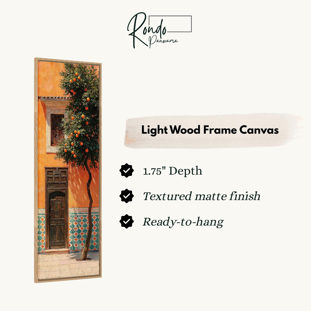 Orange tree beside a carved courtyard door canvas print in a light wood floating frame