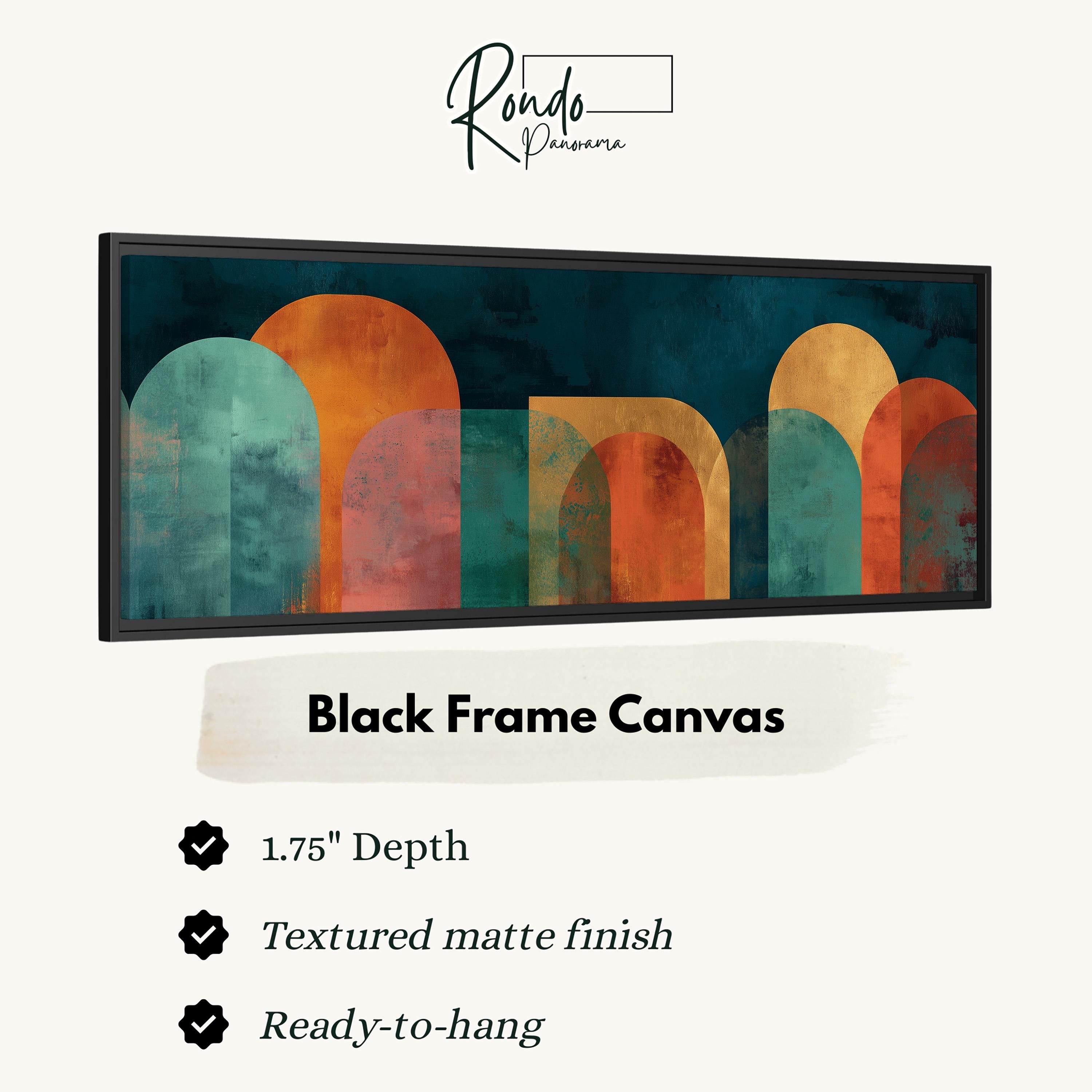 The image is a black frame canvas with a geometric abstract design in shades of orange, green, and blue.