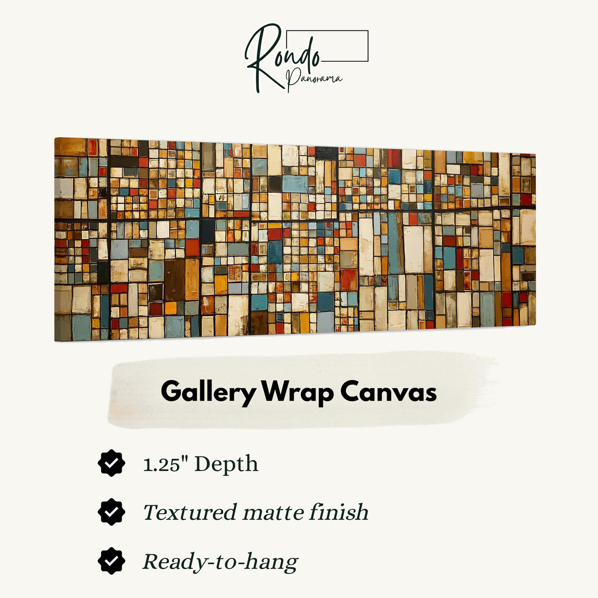 Earth tone mosaic grid in blue and ochre gallery wrap canvas with the image wrapped around the edges