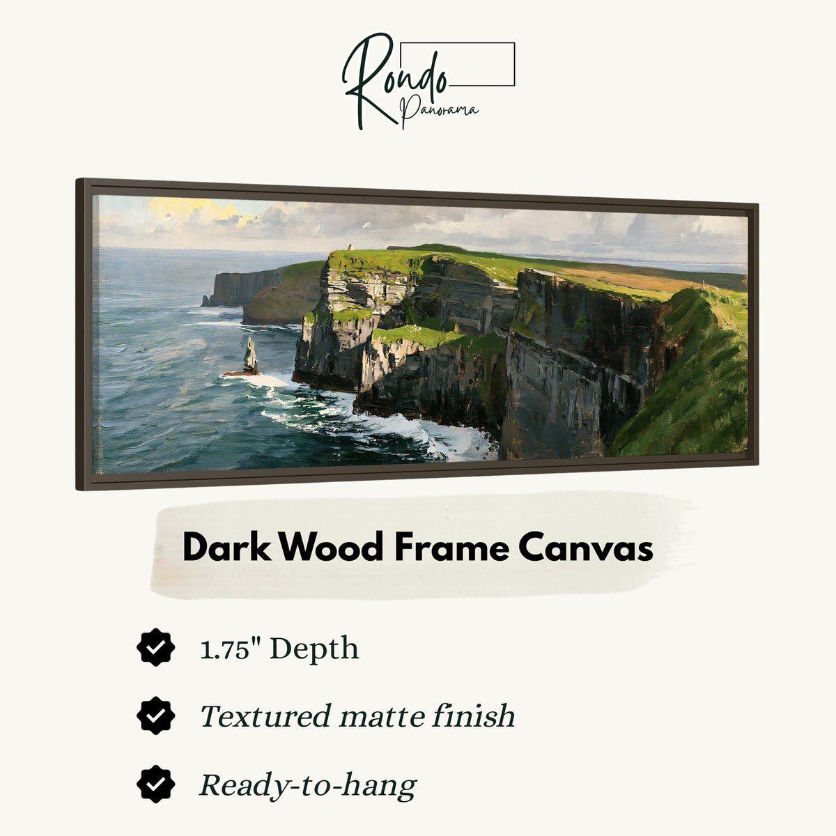 Sunlit sea cliffs with a sea stack canvas print in a dark wood floating frame