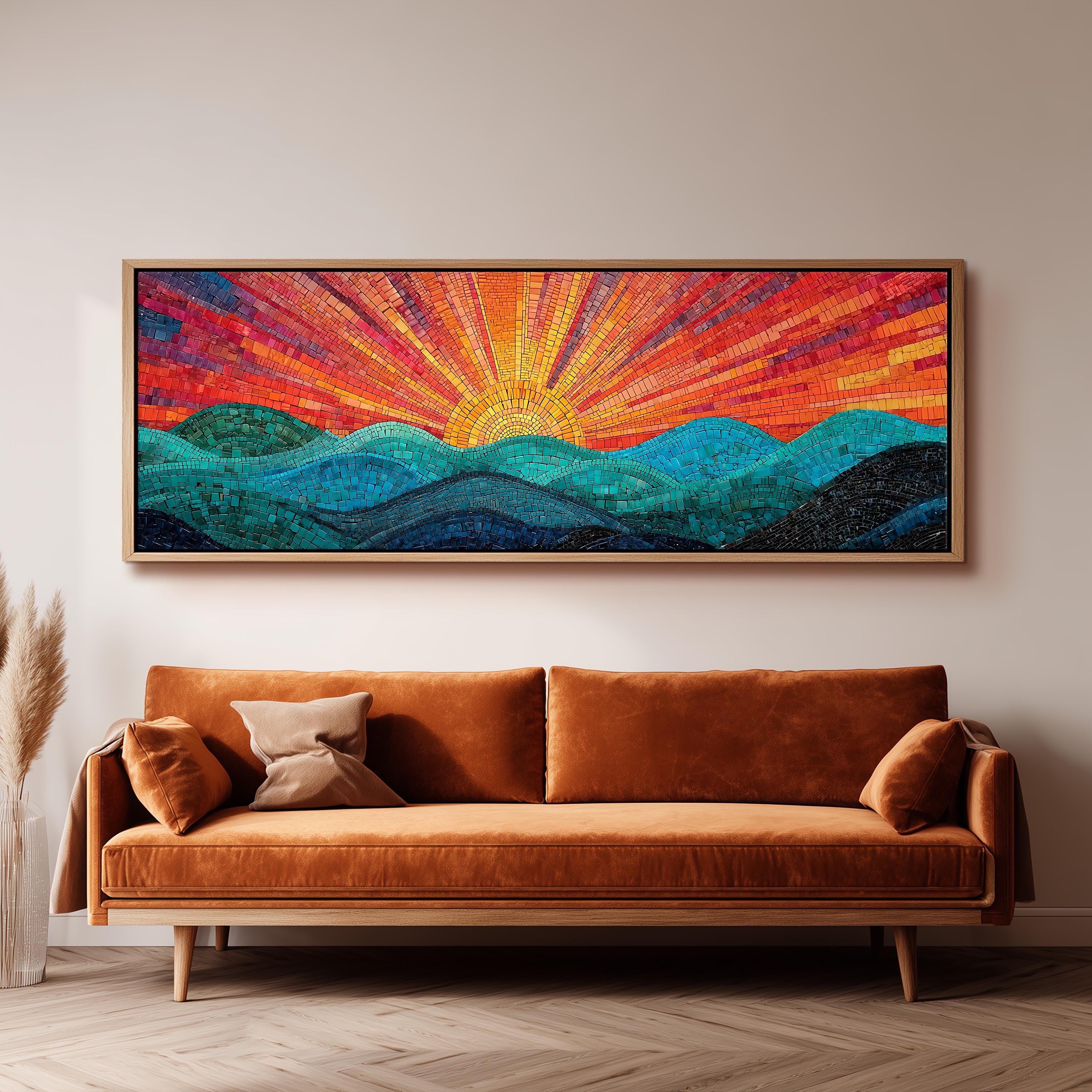 a large, colorful mosaic artwork depicting a sunrise over a mountainous landscape, hanging on a wall above a brown sofa.