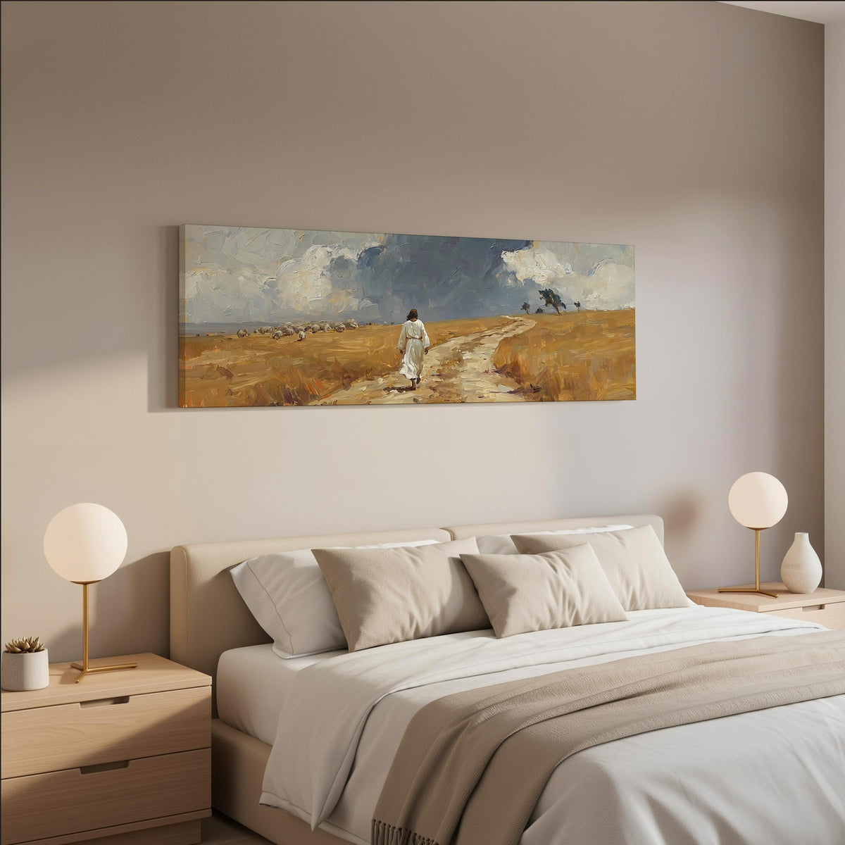 Jesus walking a field path with grazing sheep wide panoramic canvas print above a bed in a neutral bedroom