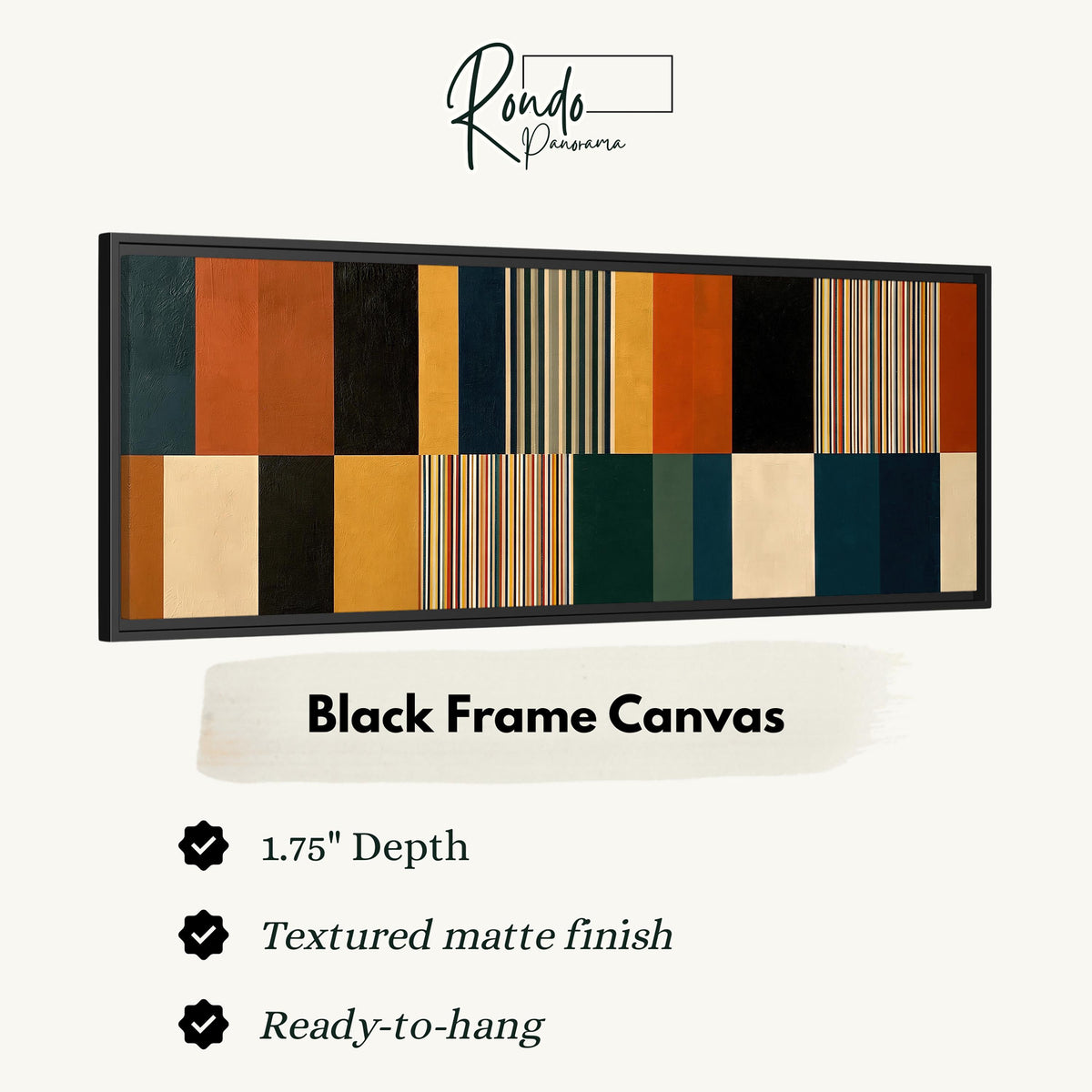 Autumn and teal stripe color blocks canvas print in a black floating frame