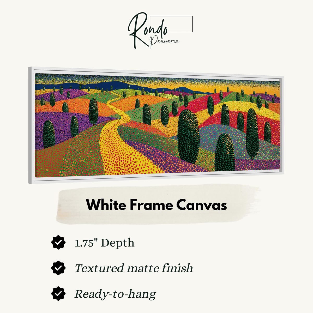 Colorful dotted garden with a winding path canvas print in a white floating frame