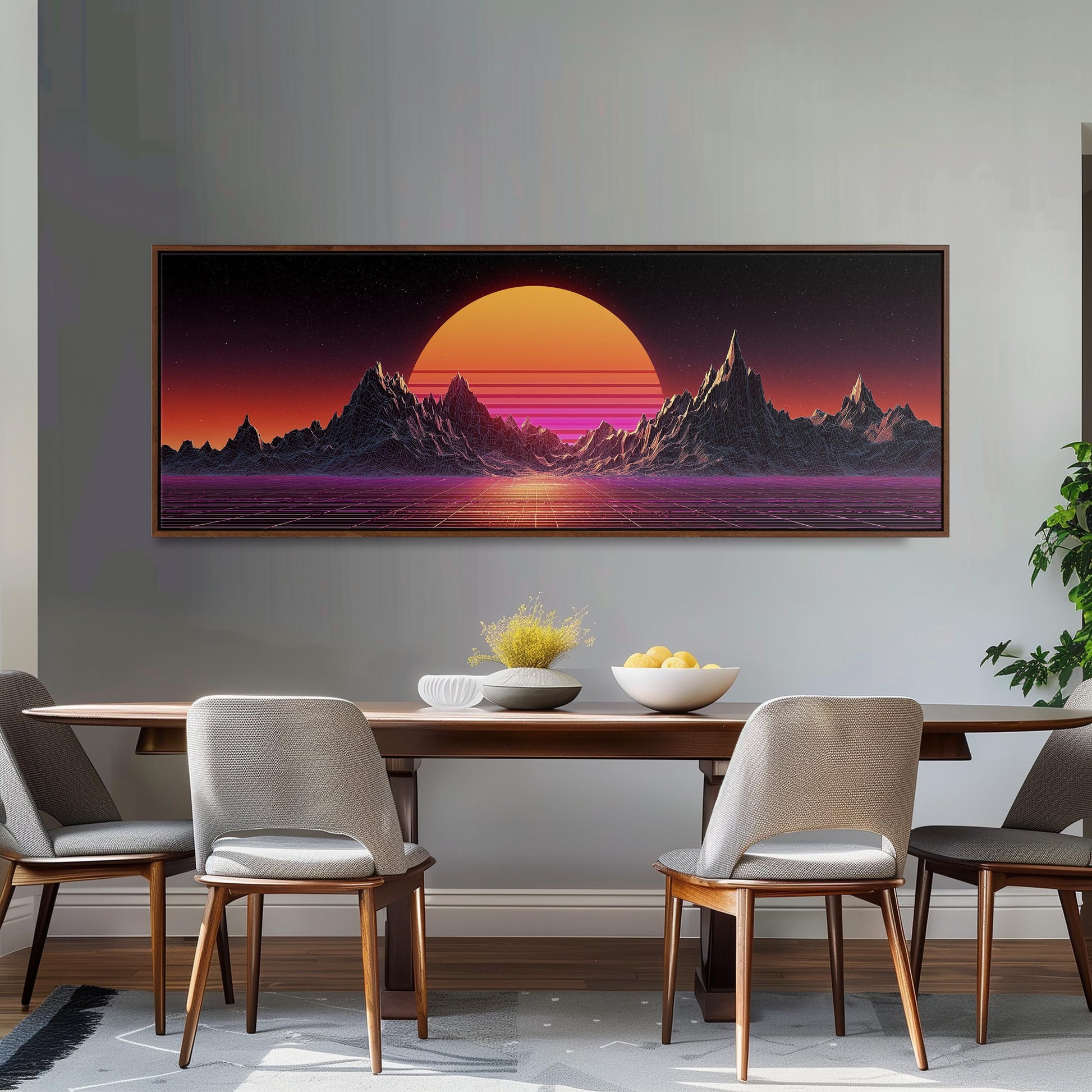 a large, colorful painting of a sunset over mountains, hanging on a wall above a wooden dining table with four chairs.