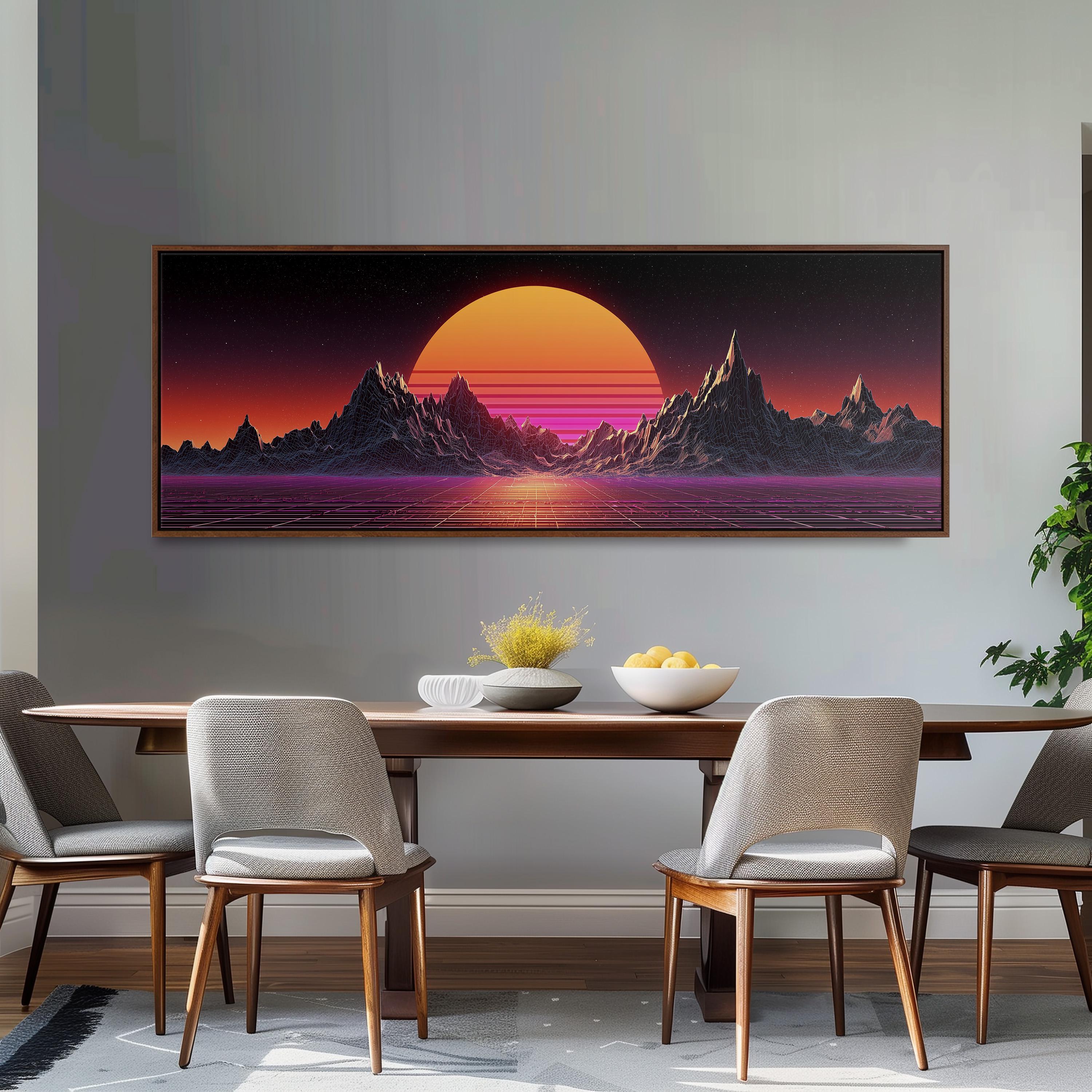 a large, colorful painting of a sunset over mountains, hanging on a wall above a wooden dining table with four chairs.