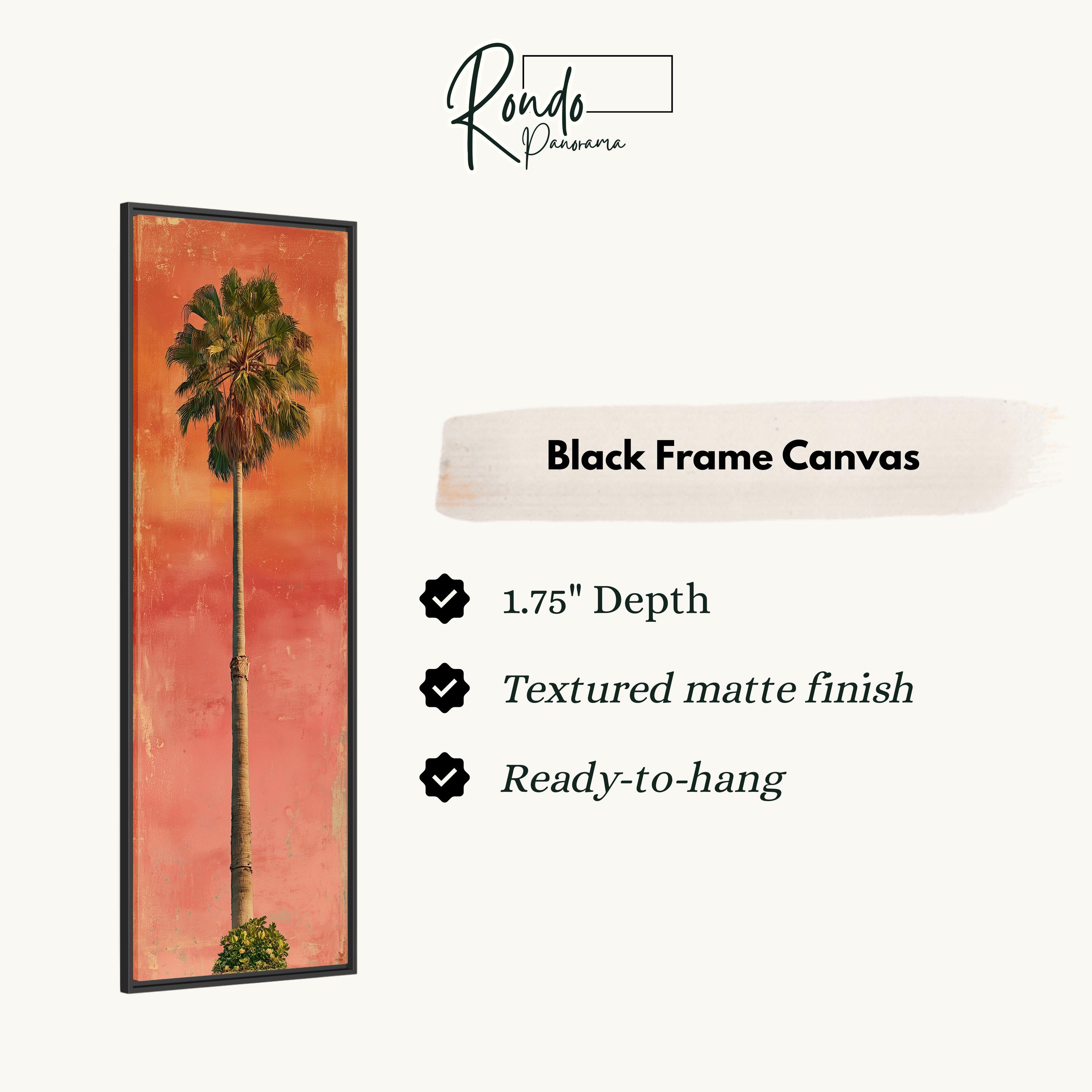 The image is a black frame canvas featuring a palm tree in a red and orange background.