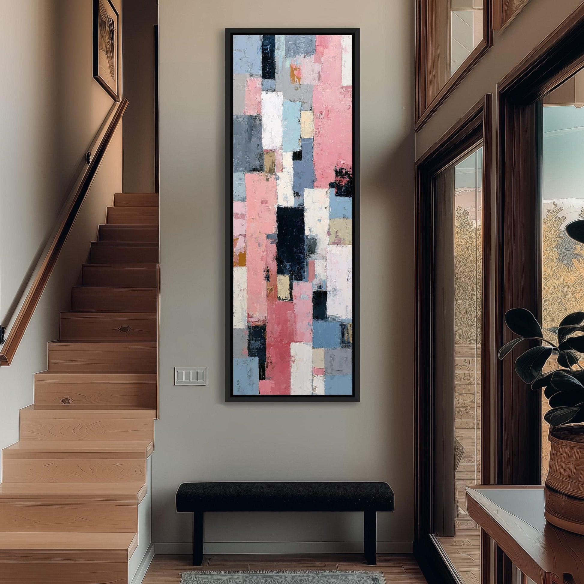a modern hallway with a large abstract painting hanging on the wall. The painting has a vibrant mix of pink, blue, and white colors, creating a striking visual contrast. The hallway is well-lit, with natural light coming in through the windows, and a wooden staircase leading up to the painting. A black bench is placed in front of the painting, providing a seating area for visitors to admire the artwork.