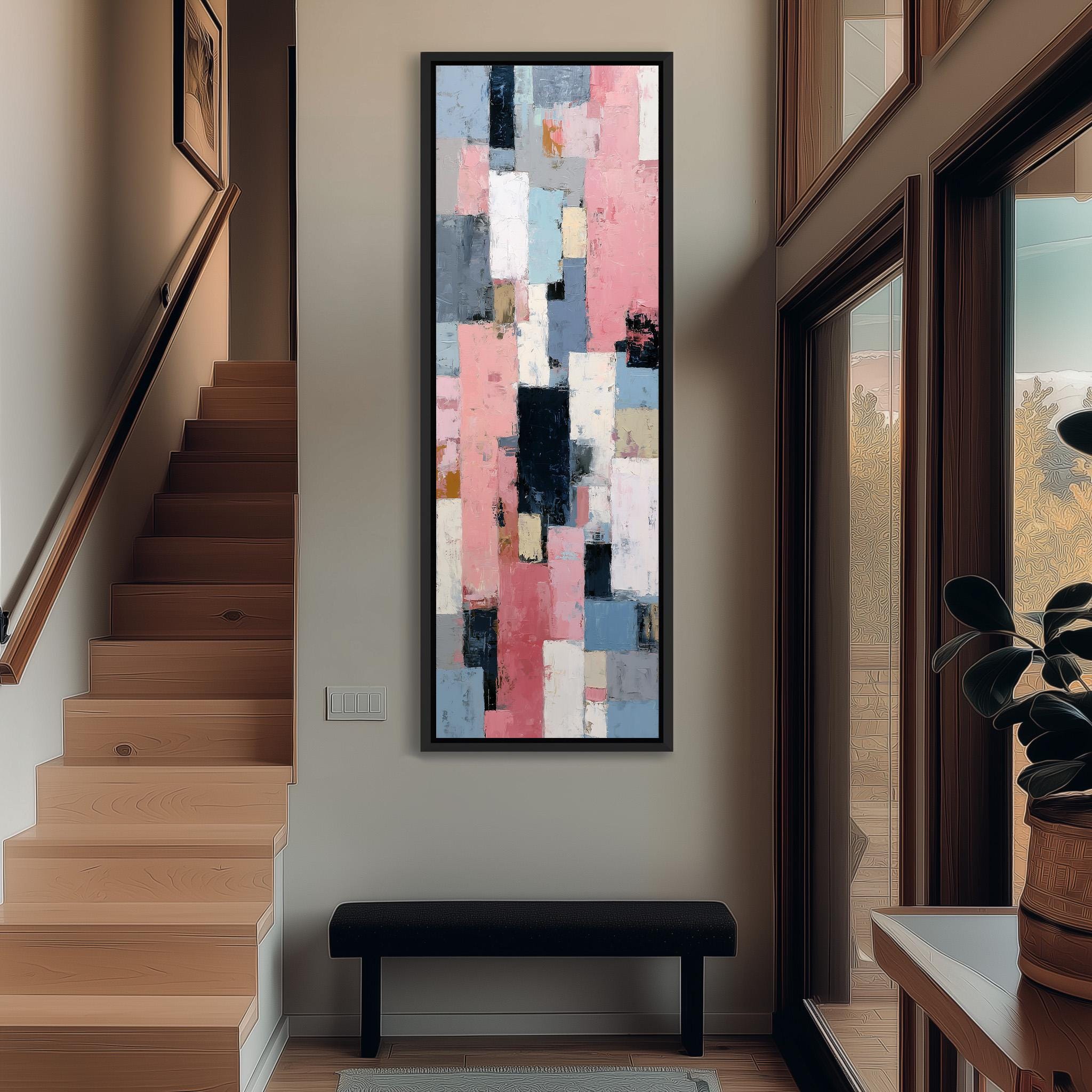 a modern hallway with a large abstract painting hanging on the wall. The painting has a vibrant mix of pink, blue, and white colors, creating a striking visual contrast. The hallway is well-lit, with natural light coming in through the windows, and a wooden staircase leading up to the painting. A black bench is placed in front of the painting, providing a seating area for visitors to admire the artwork.