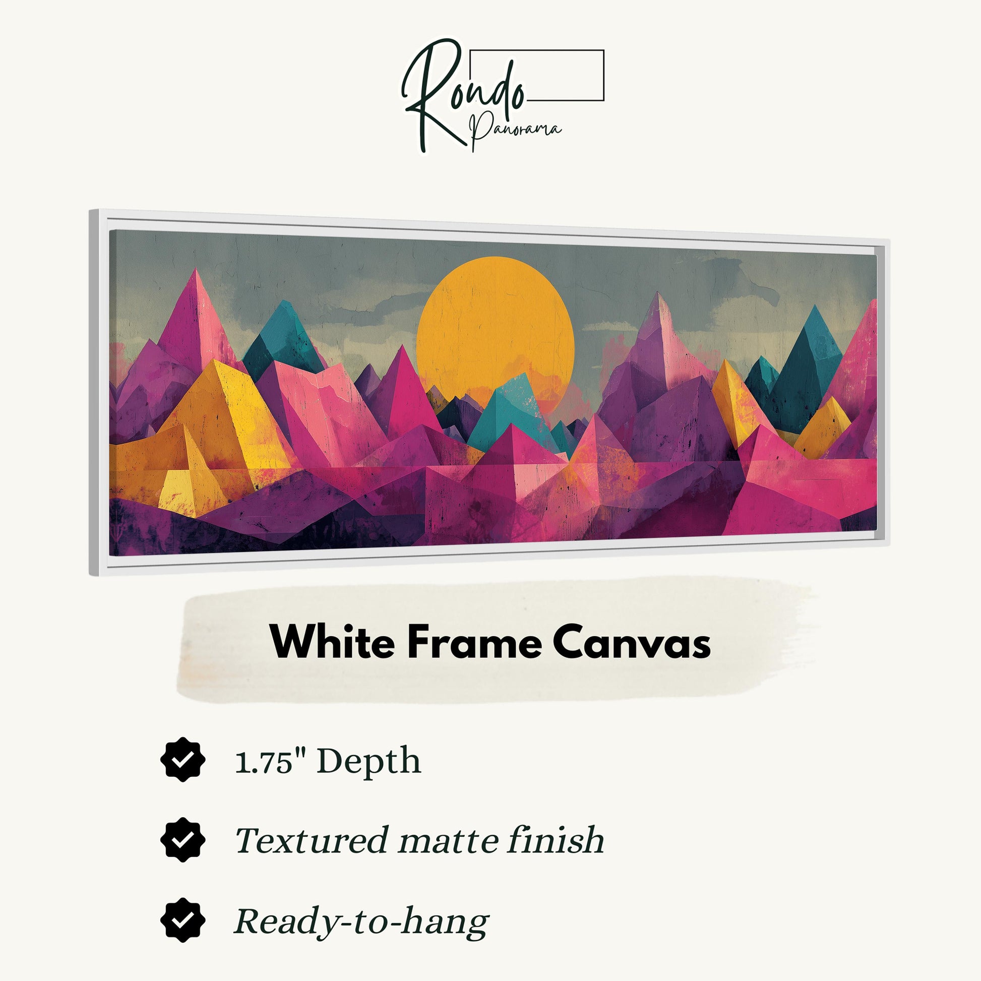 The image is a white frame canvas depicting a colorful mountain landscape with a large sun in the sky.