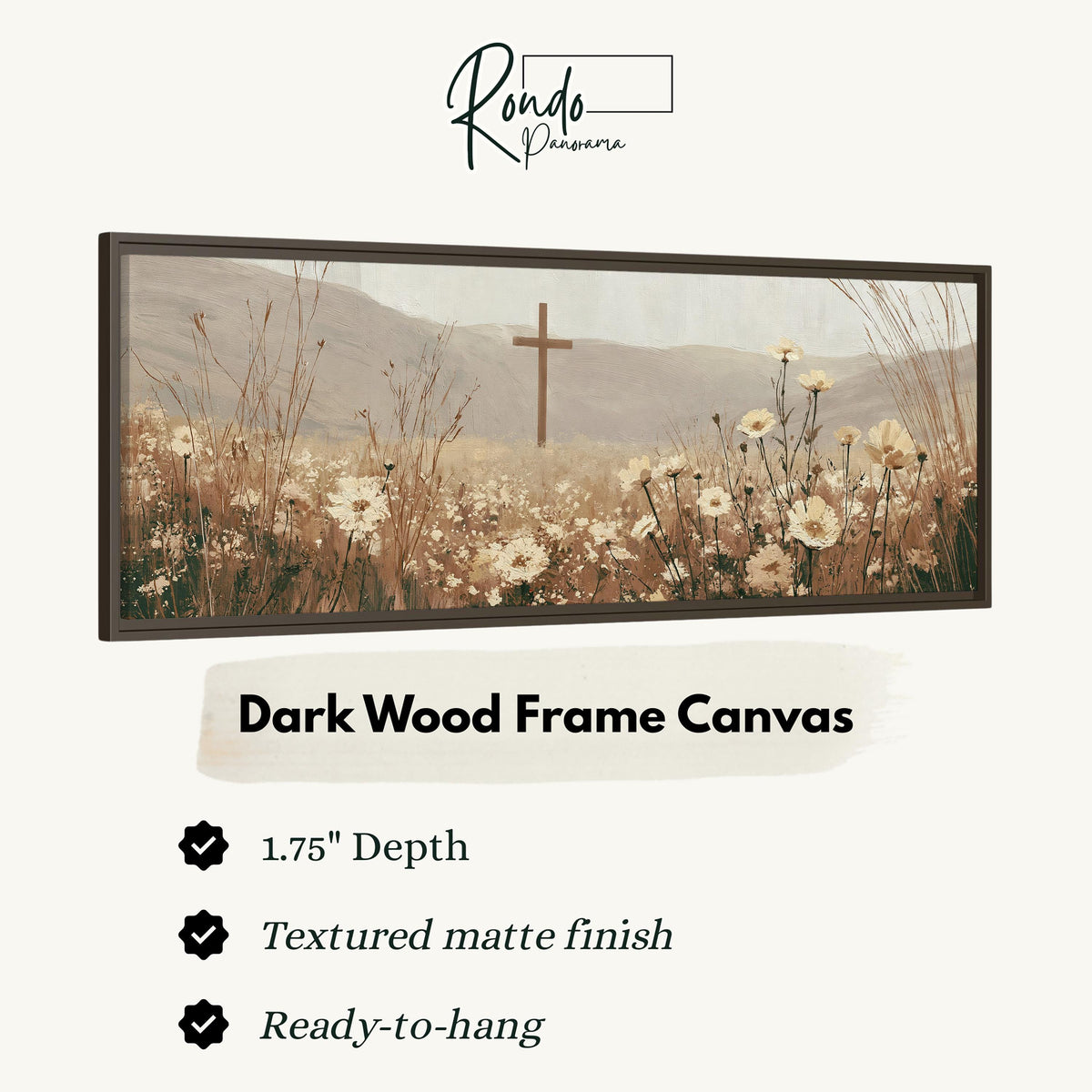 Wooden cross in a cream wildflower field canvas print in a dark wood floating frame