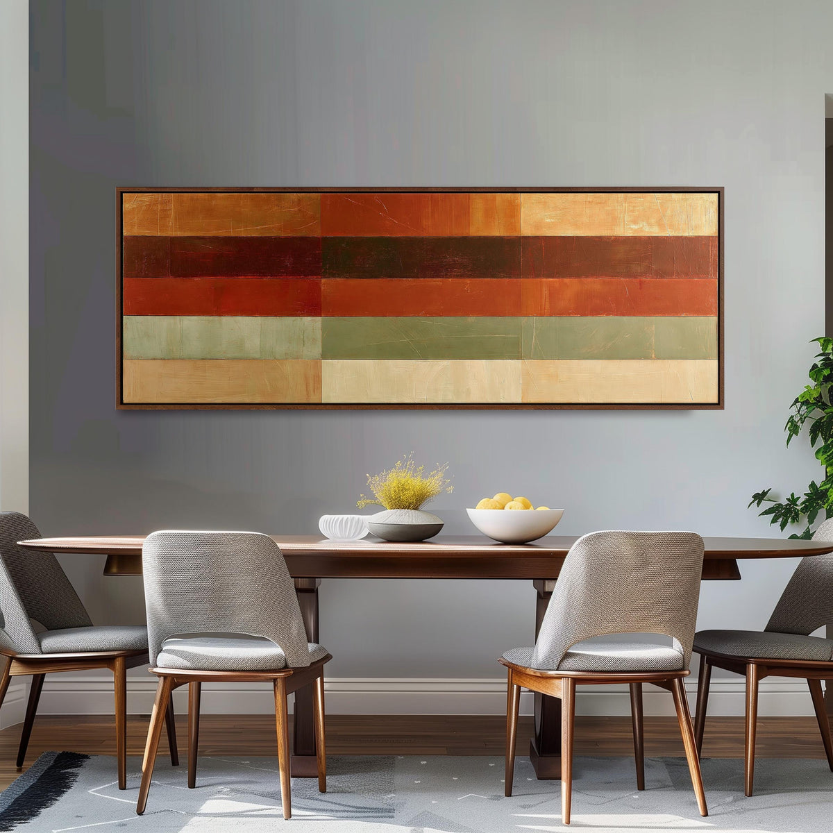 Amber, rust and sage horizontal color bands long horizontal canvas print above a dining table