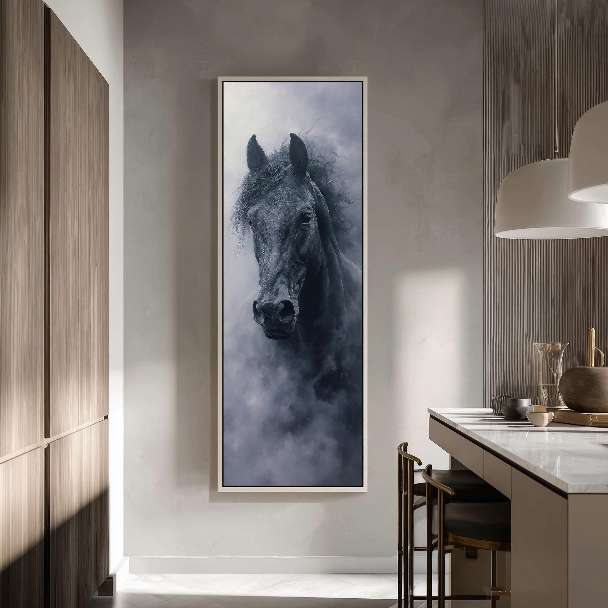 a large black horse portrait hanging on a wall in a modern kitchen.