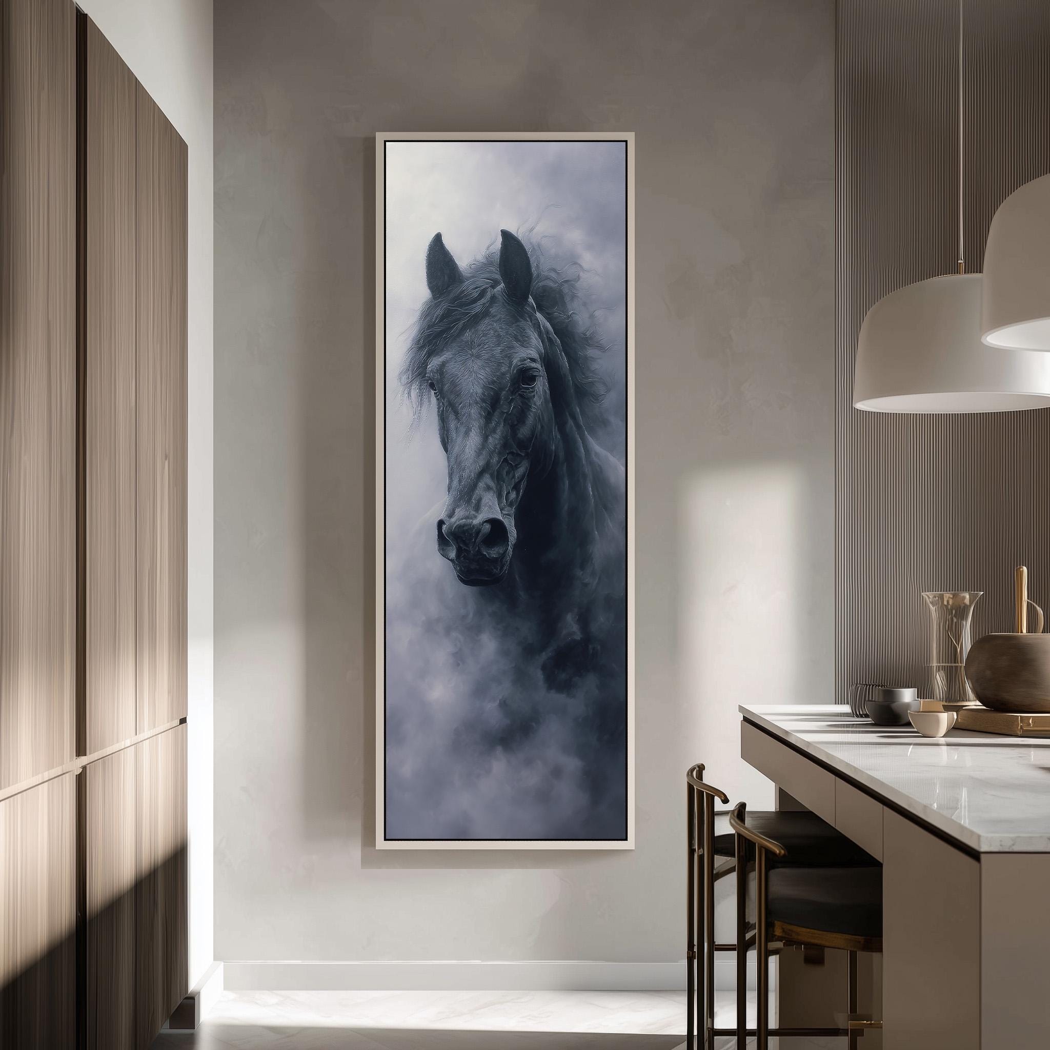 a large black horse portrait hanging on a wall in a modern kitchen.
