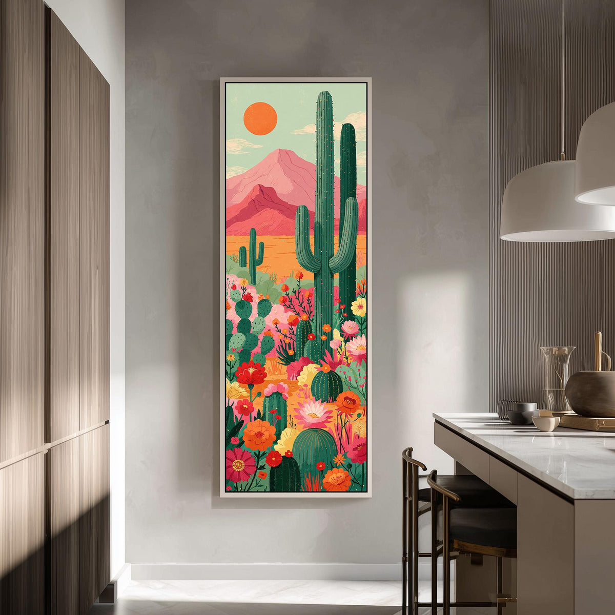 Cacti and flowers under a pink mountain tall skinny canvas print in a modern kitchen
