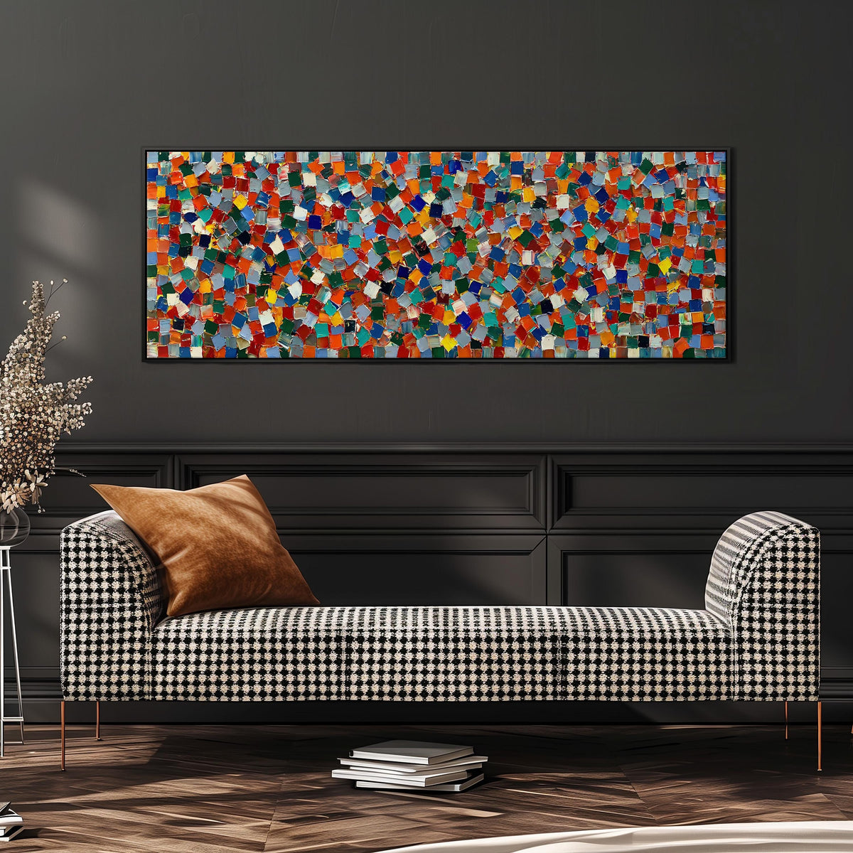 Colorful confetti mosaic squares wide panoramic canvas print above a bench in a dark living room