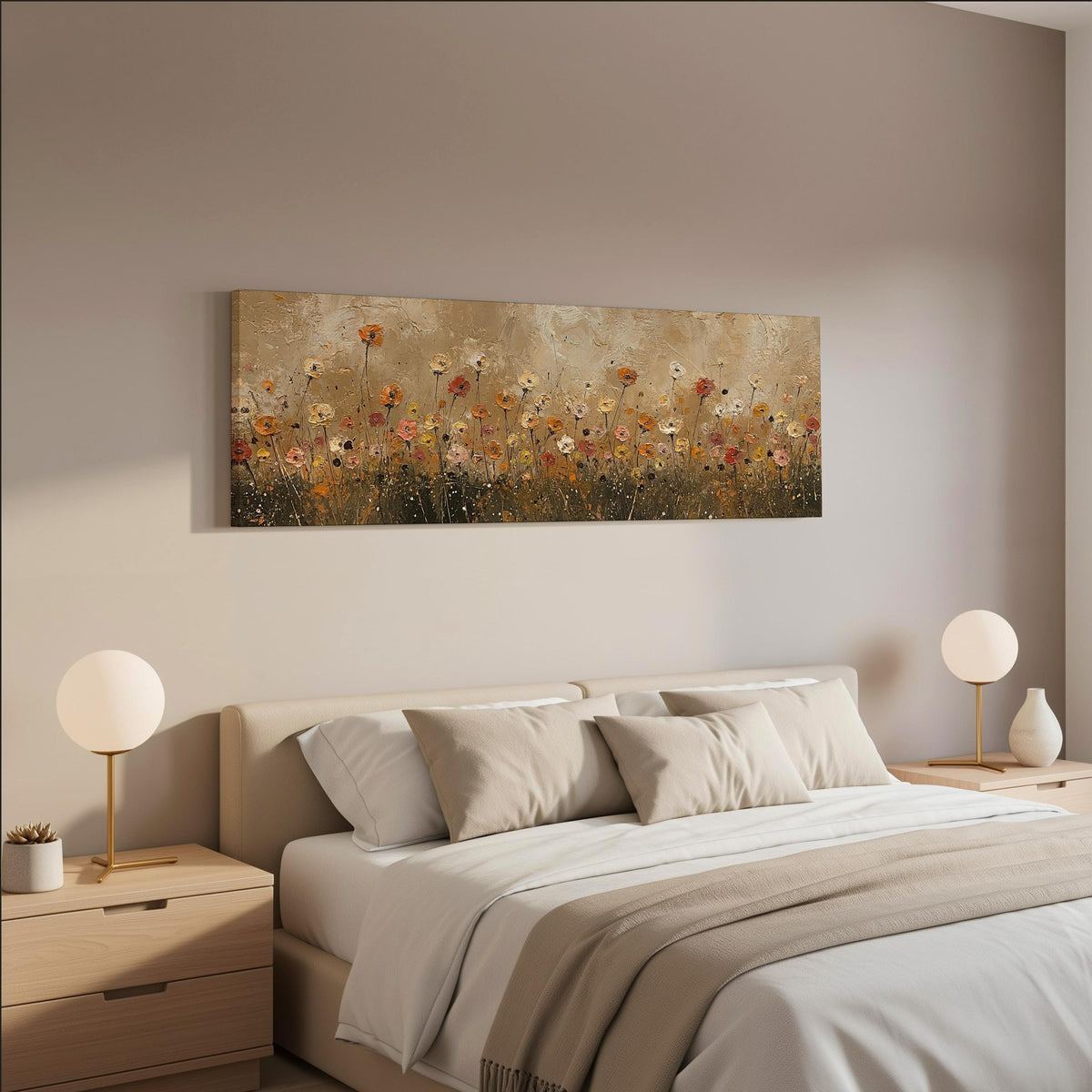 Golden wildflower field wide panoramic canvas print above a bed in a neutral bedroom