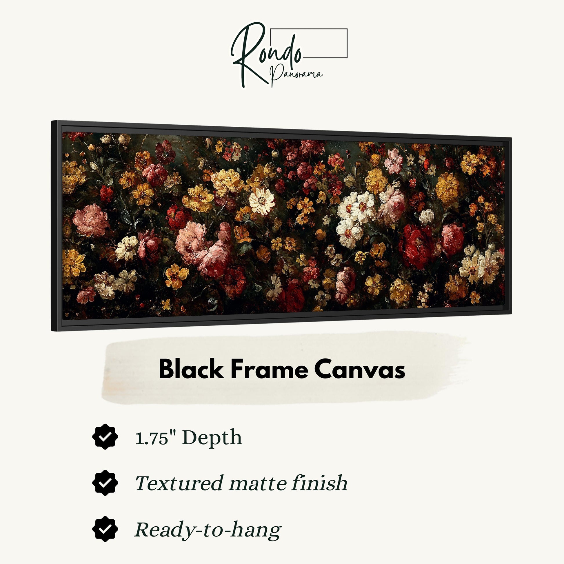 The image is a black frame canvas featuring a vibrant floral arrangement with various colors and textures.