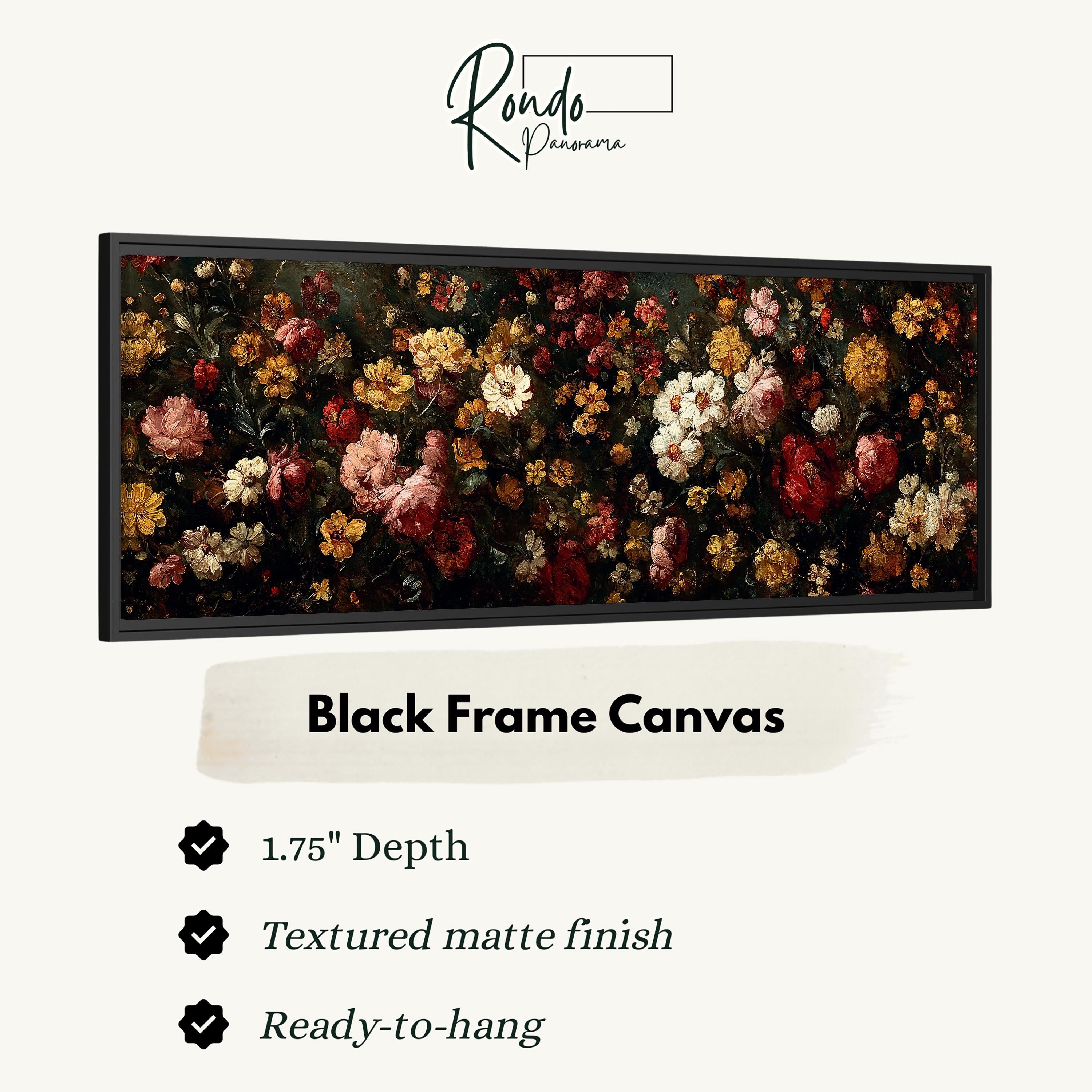 The image is a black frame canvas featuring a vibrant floral arrangement with various colors and textures.