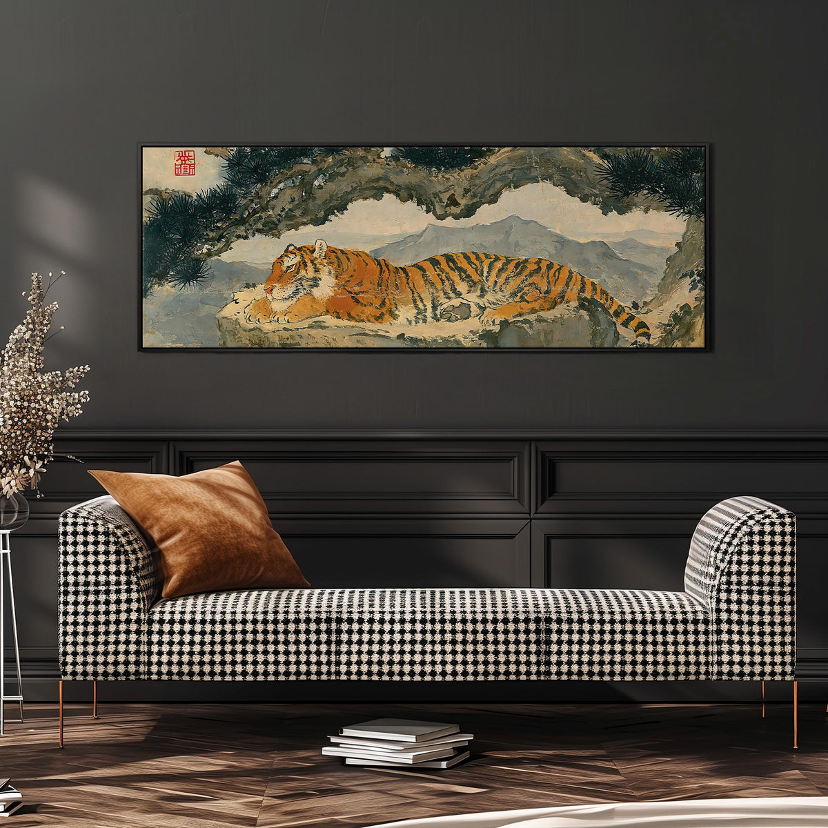 Tiger resting beneath misty pines wide panoramic canvas print above a bench in a dark living room