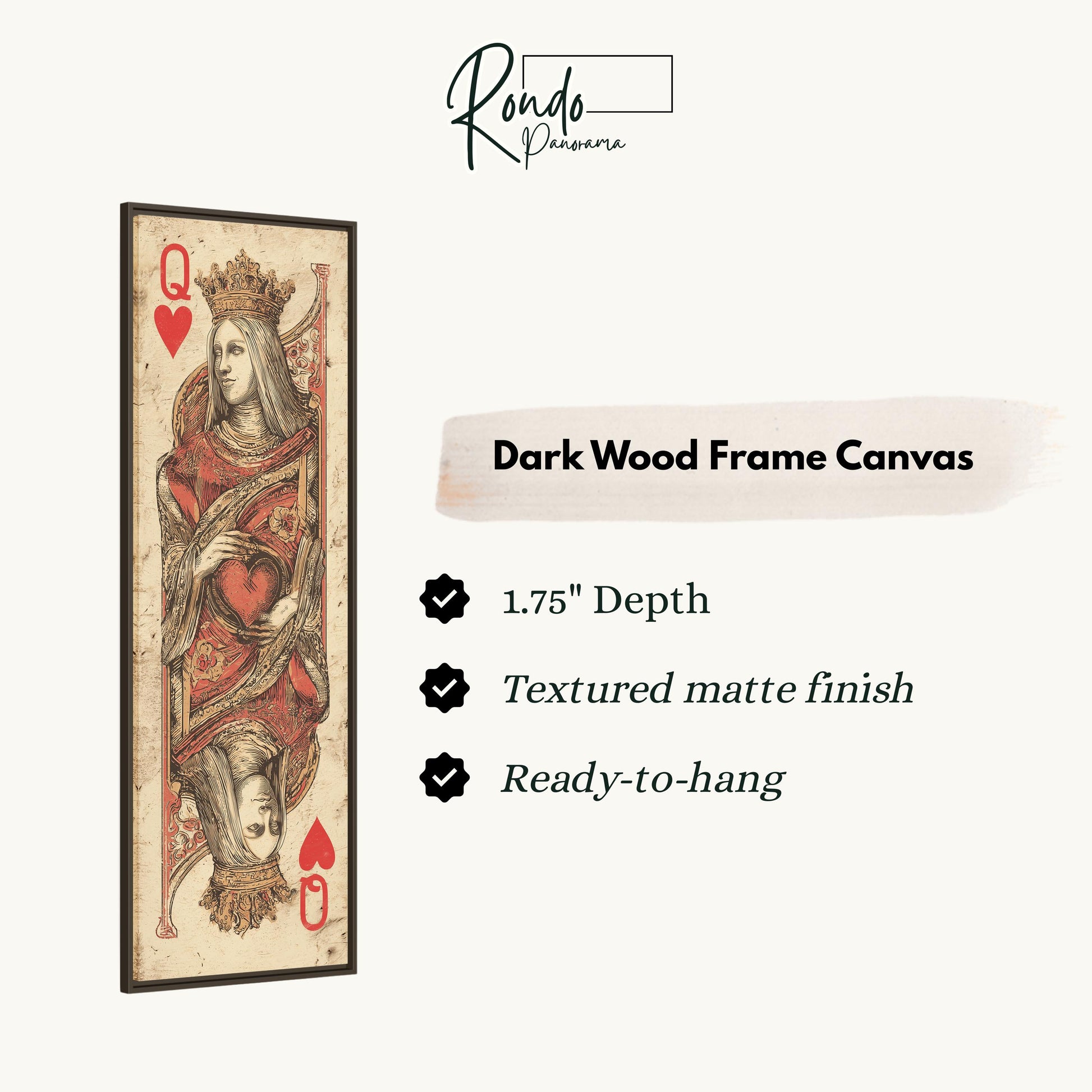 a dark wood frame canvas depicting a Queen of Hearts playing card.