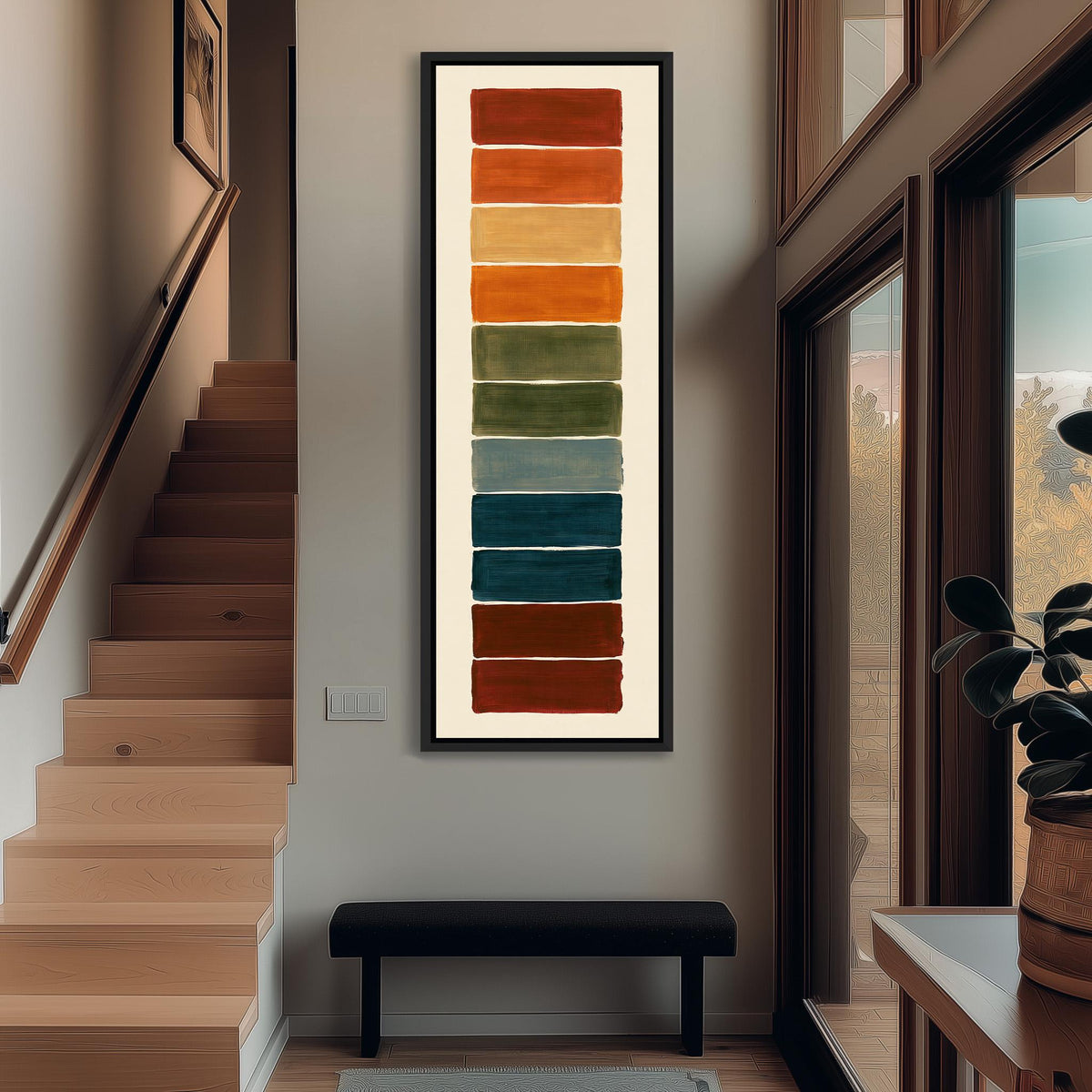 Stack of rust, teal and maroon swatches tall narrow canvas print beside a staircase in an entryway