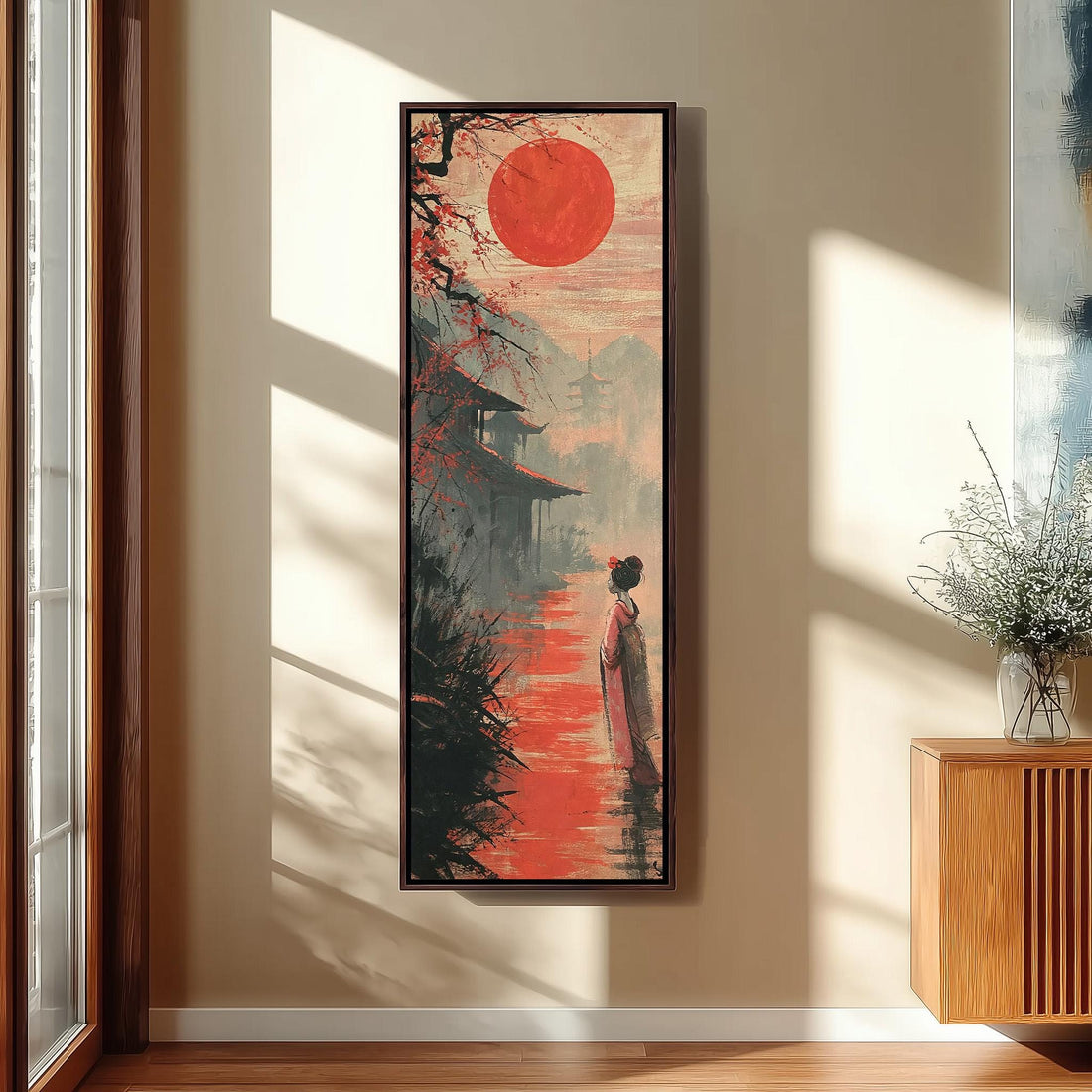 Geisha standing by a lake under a red sun long vertical canvas print in a sunlit living space