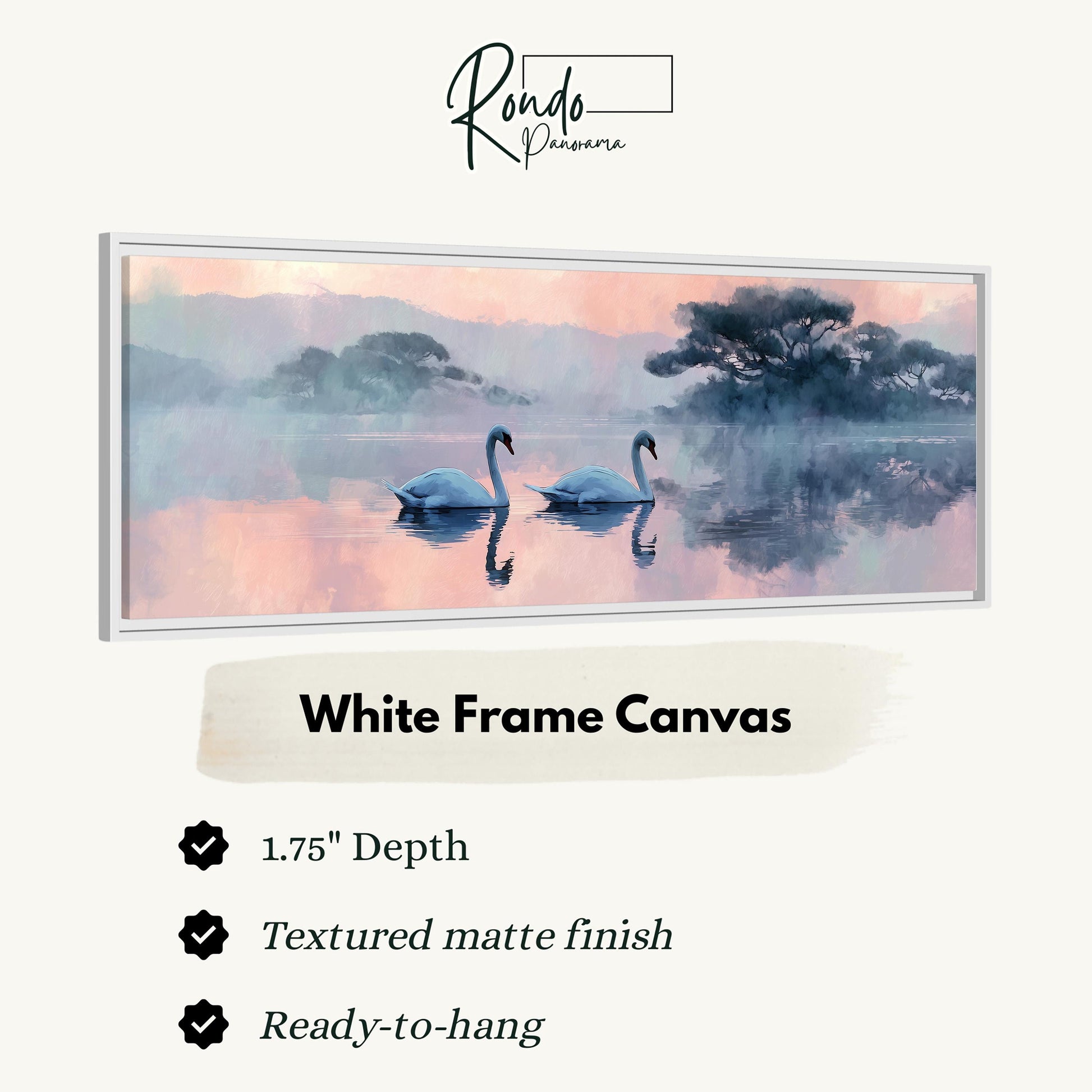 The image is a white frame canvas depicting two swans swimming in a misty, pink-hued lake.