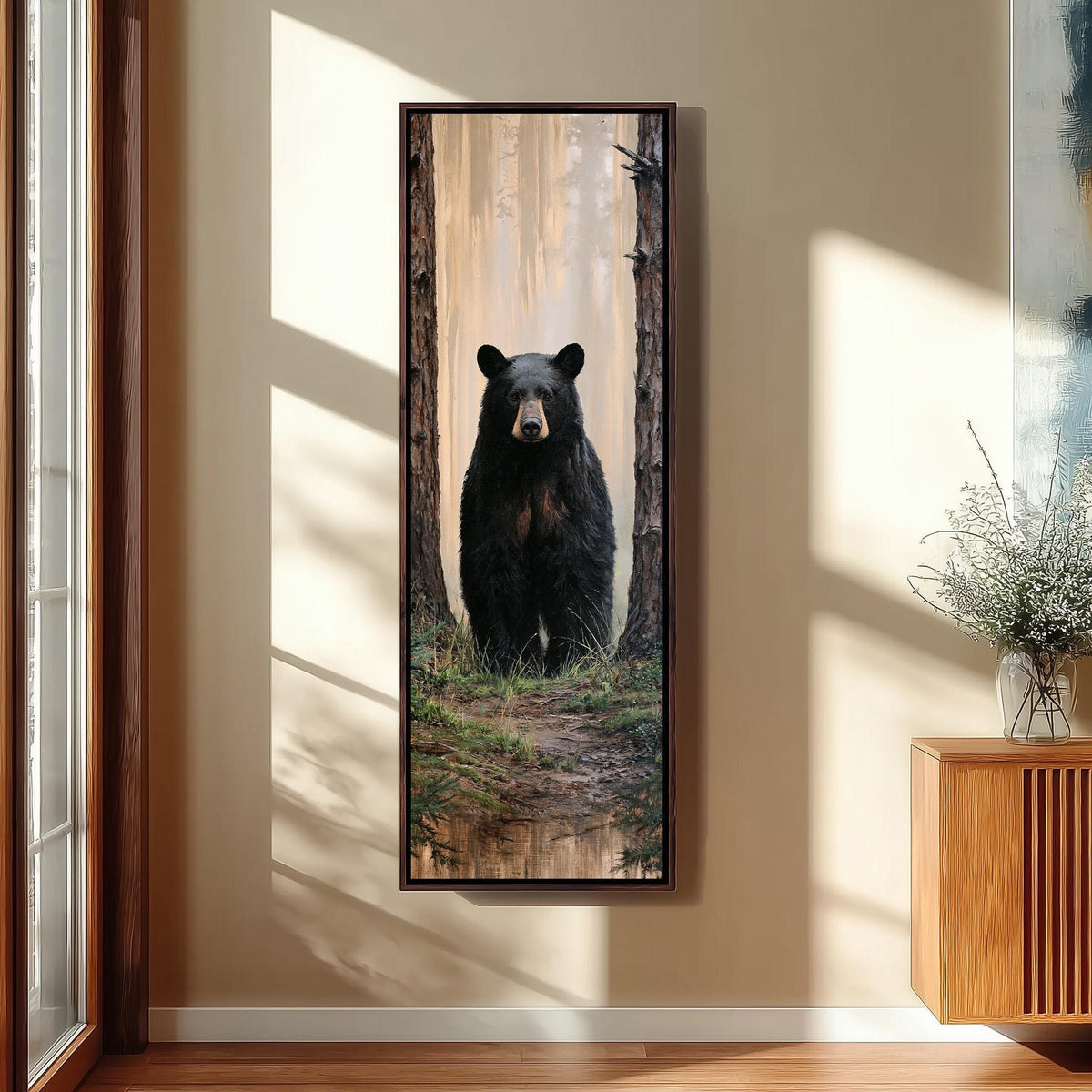 Black bear standing in a foggy forest tall skinny canvas print in a sunlit living space