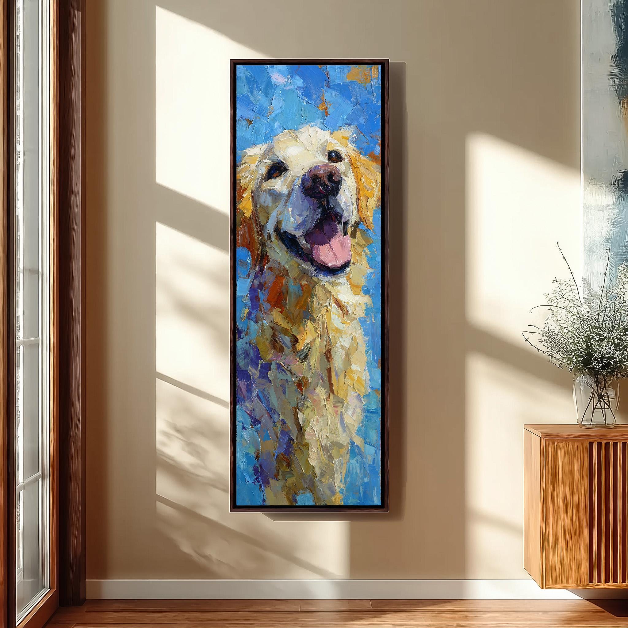 a large, colorful painting of a dog's face hanging on a wall.