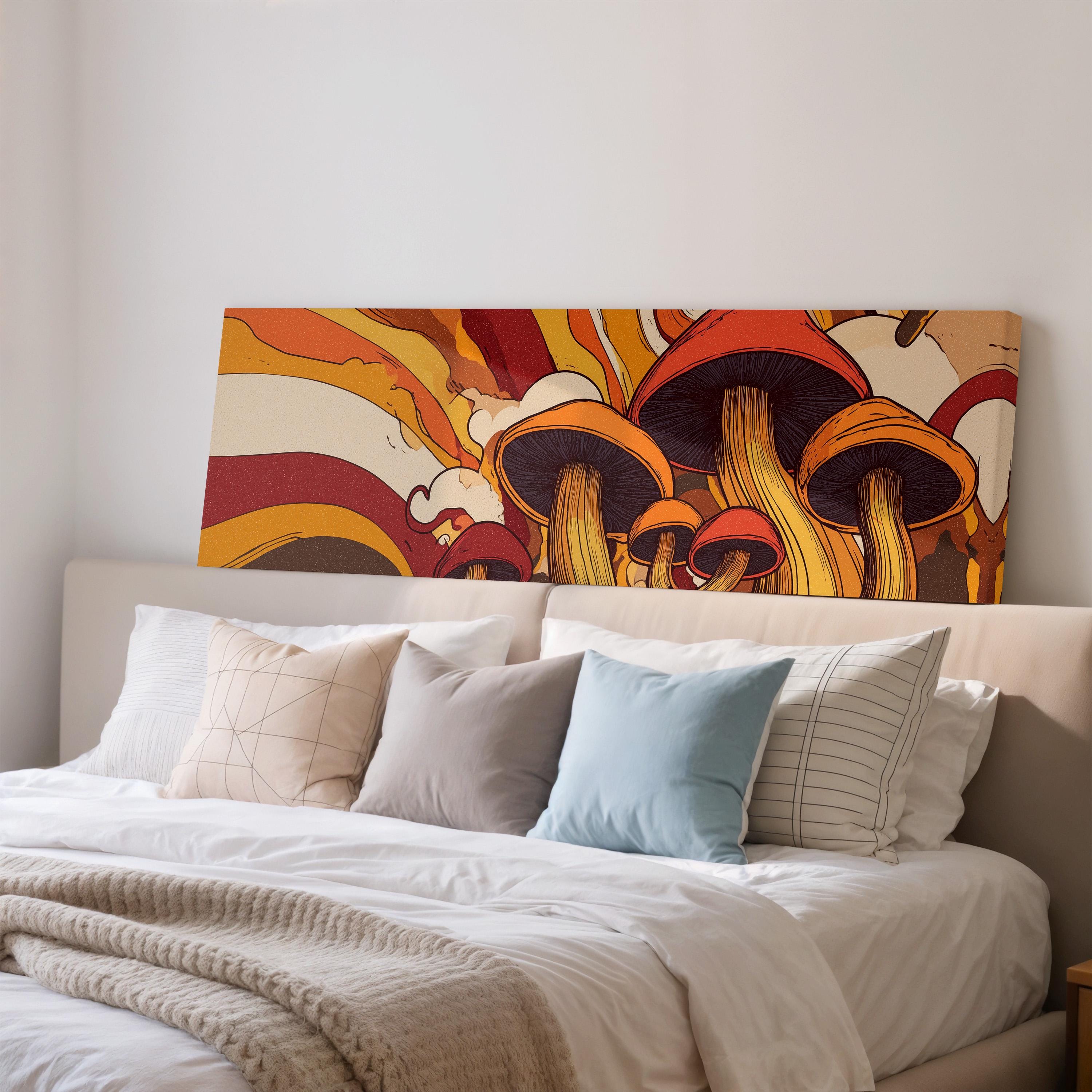 a large mushroom-themed artwork displayed on a wall above a bed with white bedding and pillows.