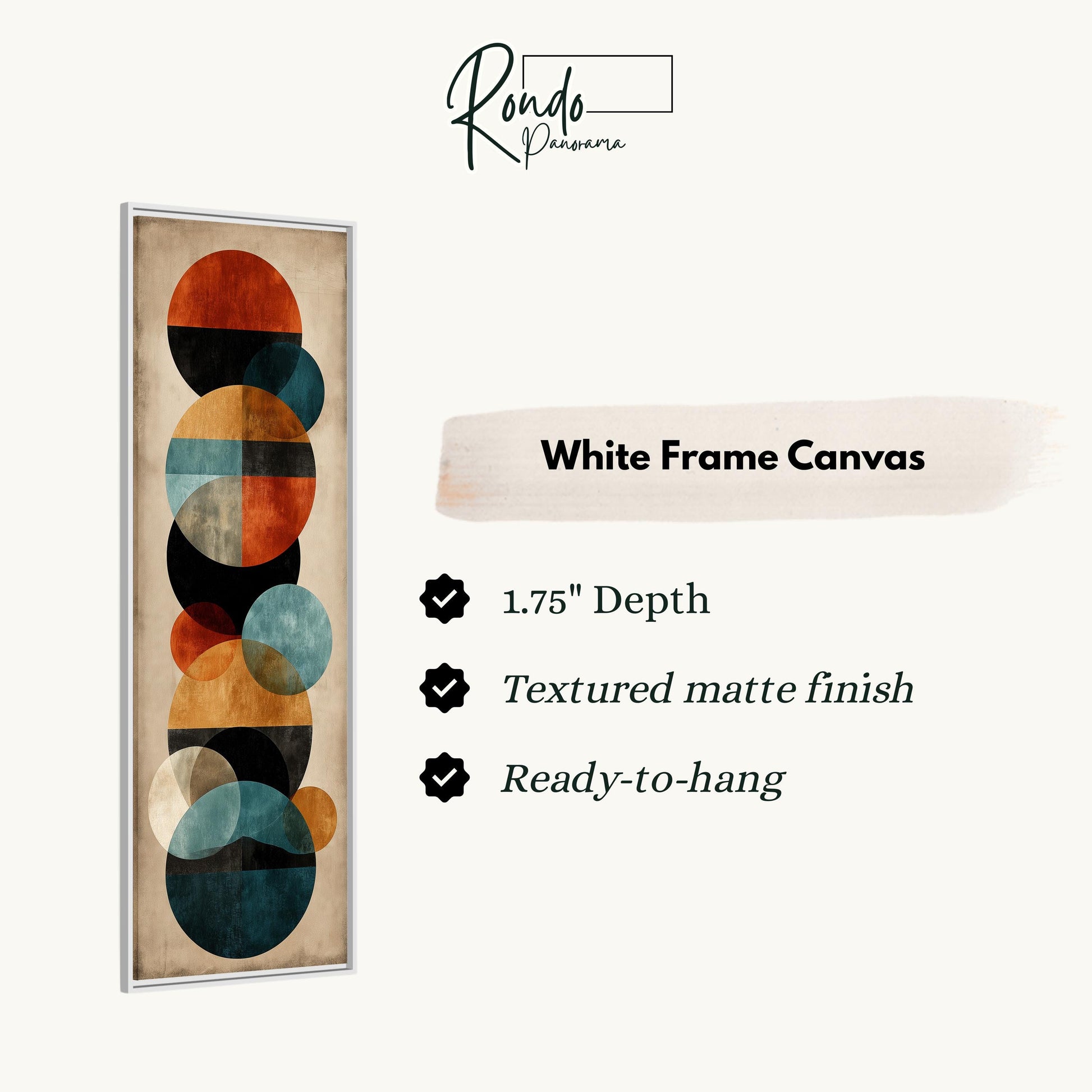 The image is a white frame canvas with a geometric design of overlapping circles in various colors, including orange, blue, and green.