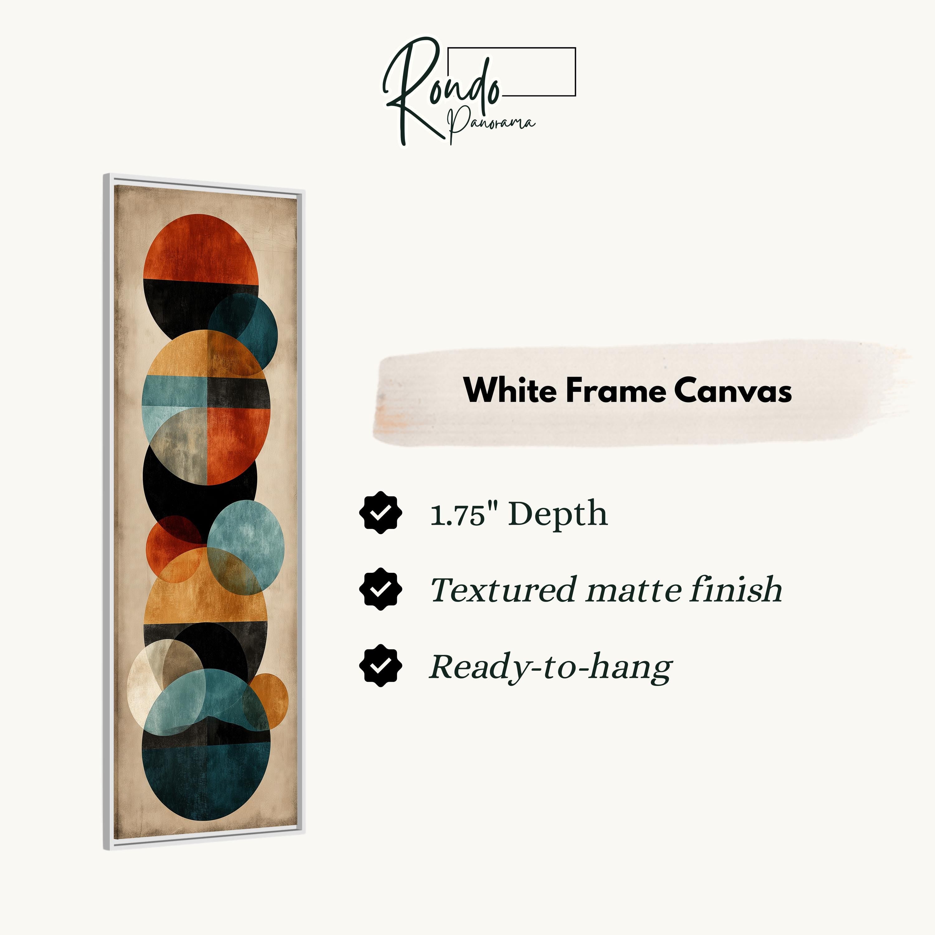 The image is a white frame canvas with a geometric design of overlapping circles in various colors, including orange, blue, and green.